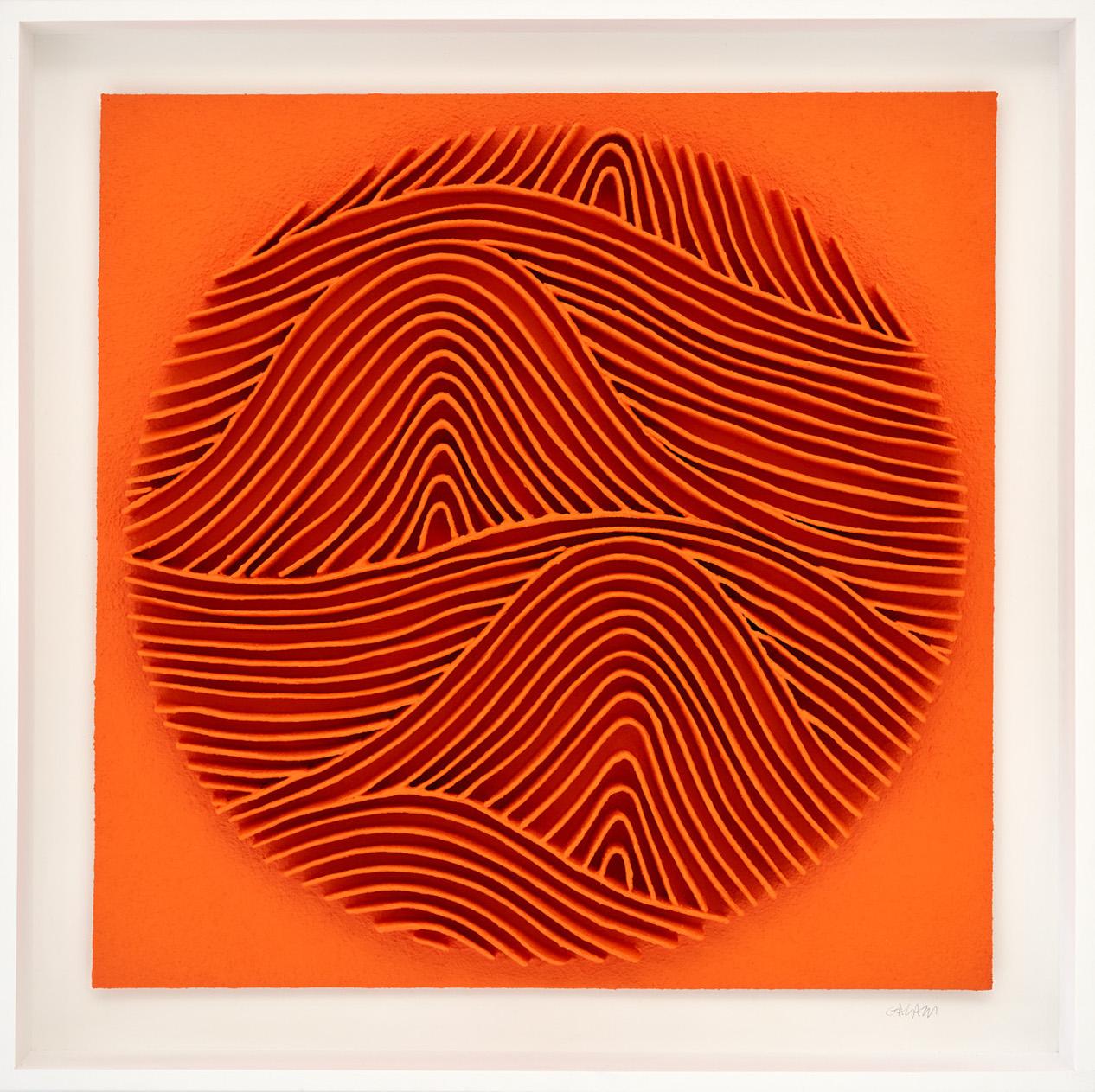 Gorgeous orange abstract artwork by french artist René Galassi, matching the Hermès hue perfectly. The composition represents the waves of the ocean in Nice, onto which the artist's studio is looking from its top floor.

Galassi comes from a family