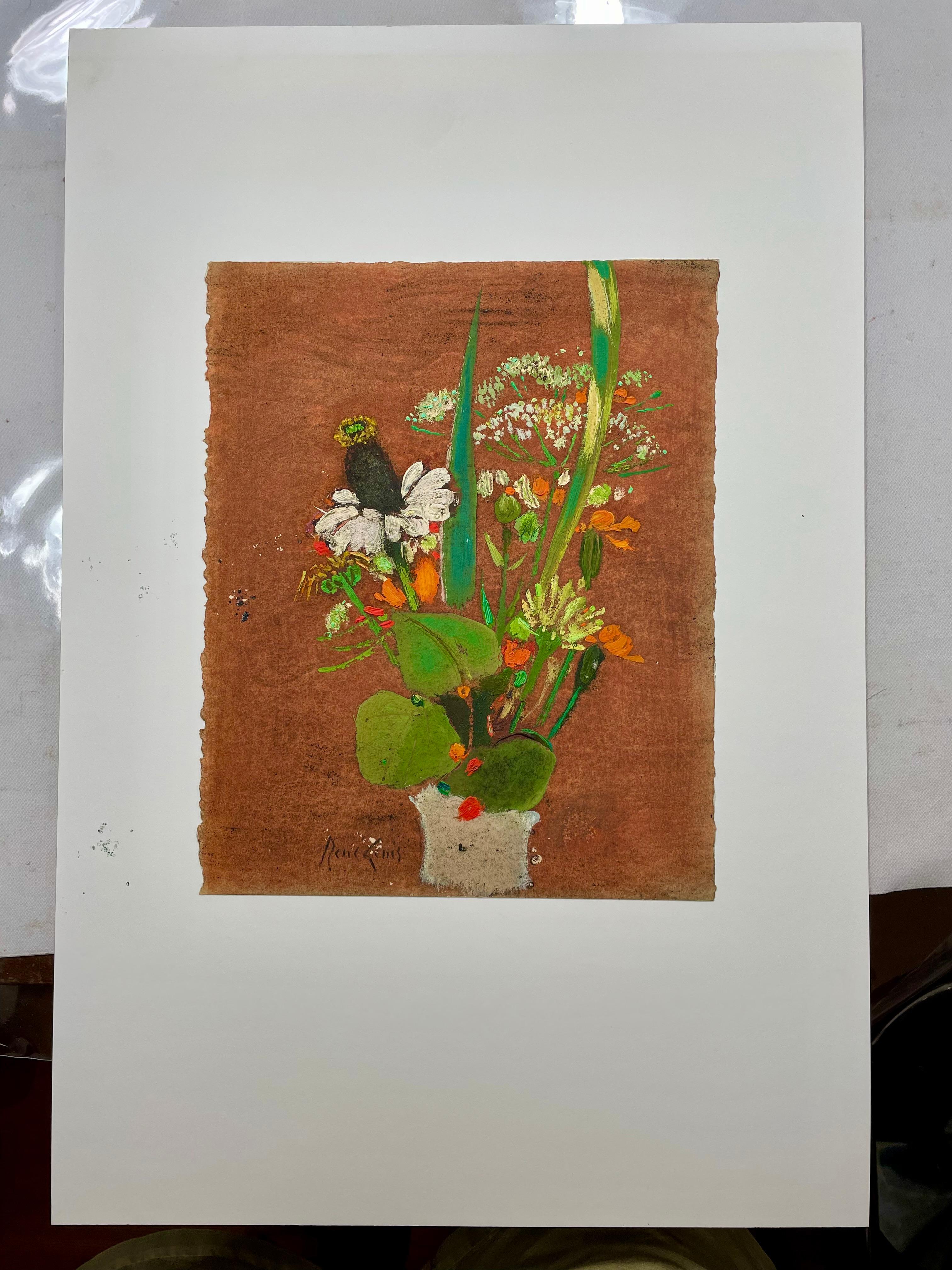 “bouquet au fons rouille” / bouquet with rusty frons - Painting by René Genis