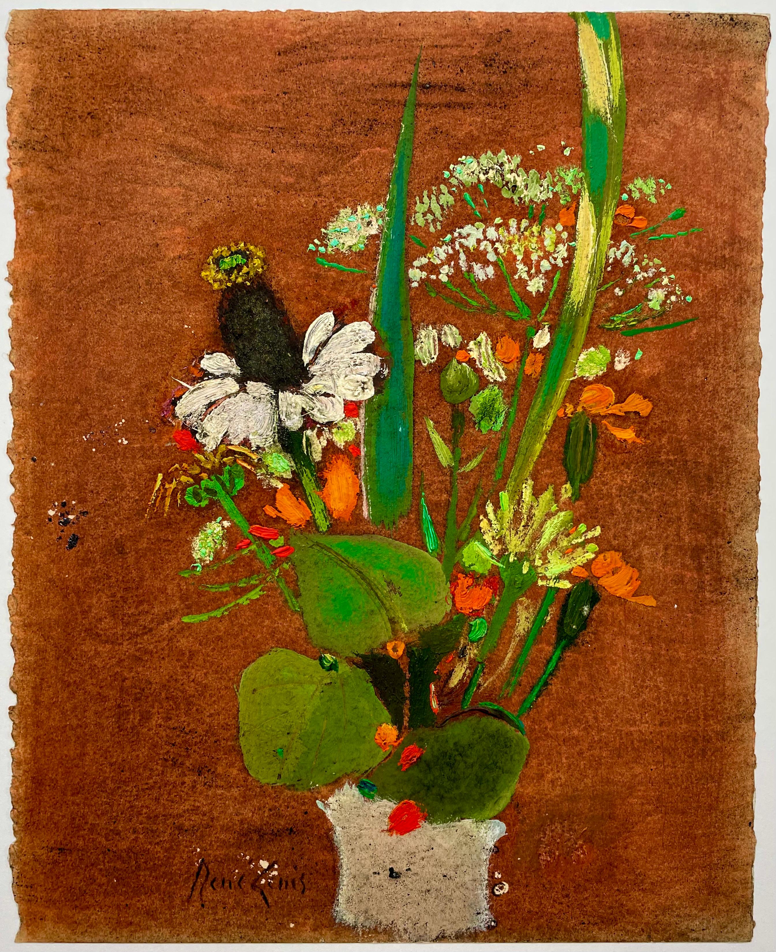 René Genis Still-Life Painting - “bouquet au fons rouille” / bouquet with rusty frons