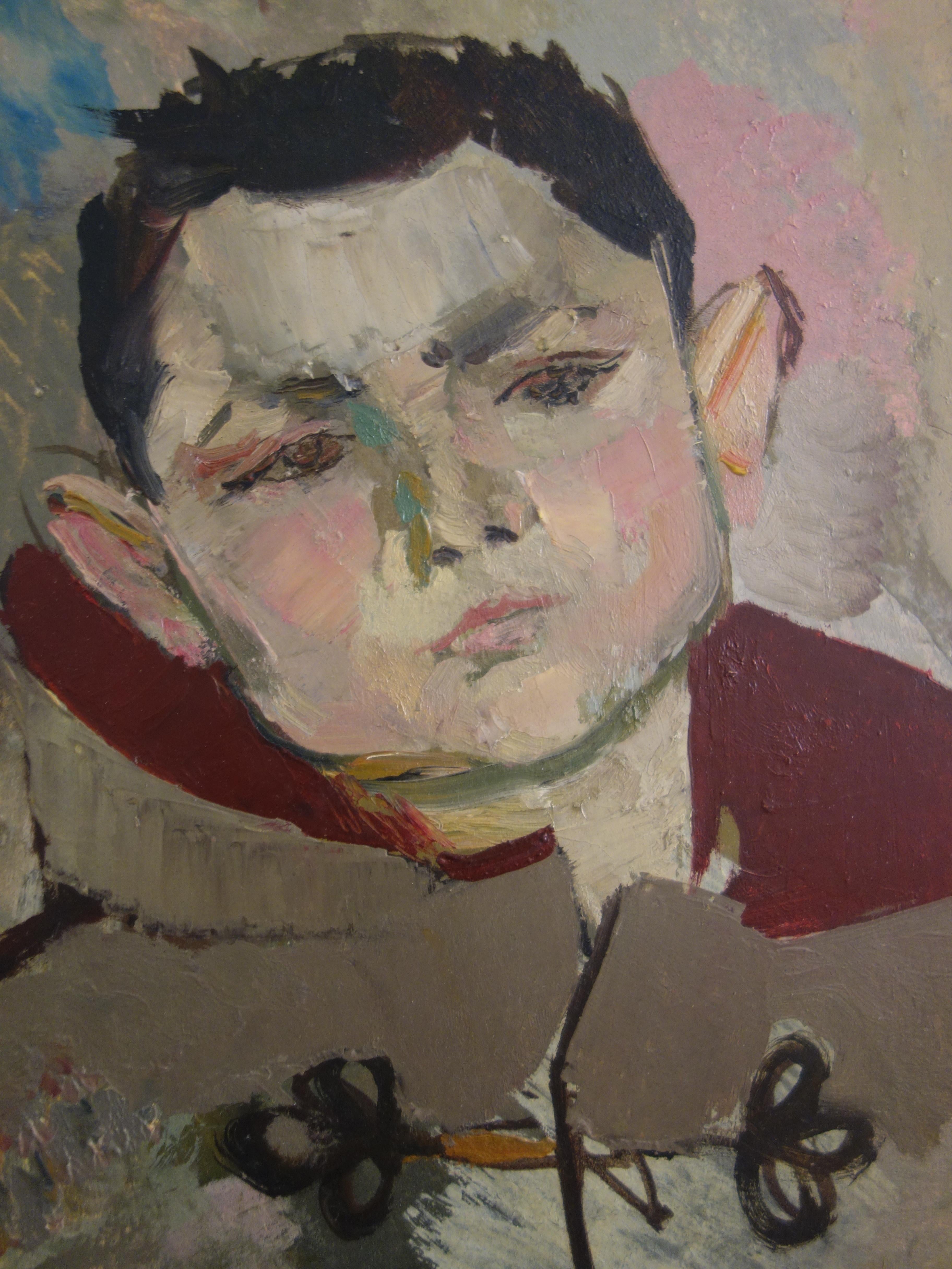 Boy with Duffle Coat - Original hansigned oil on paper - Modern Painting by René Genis