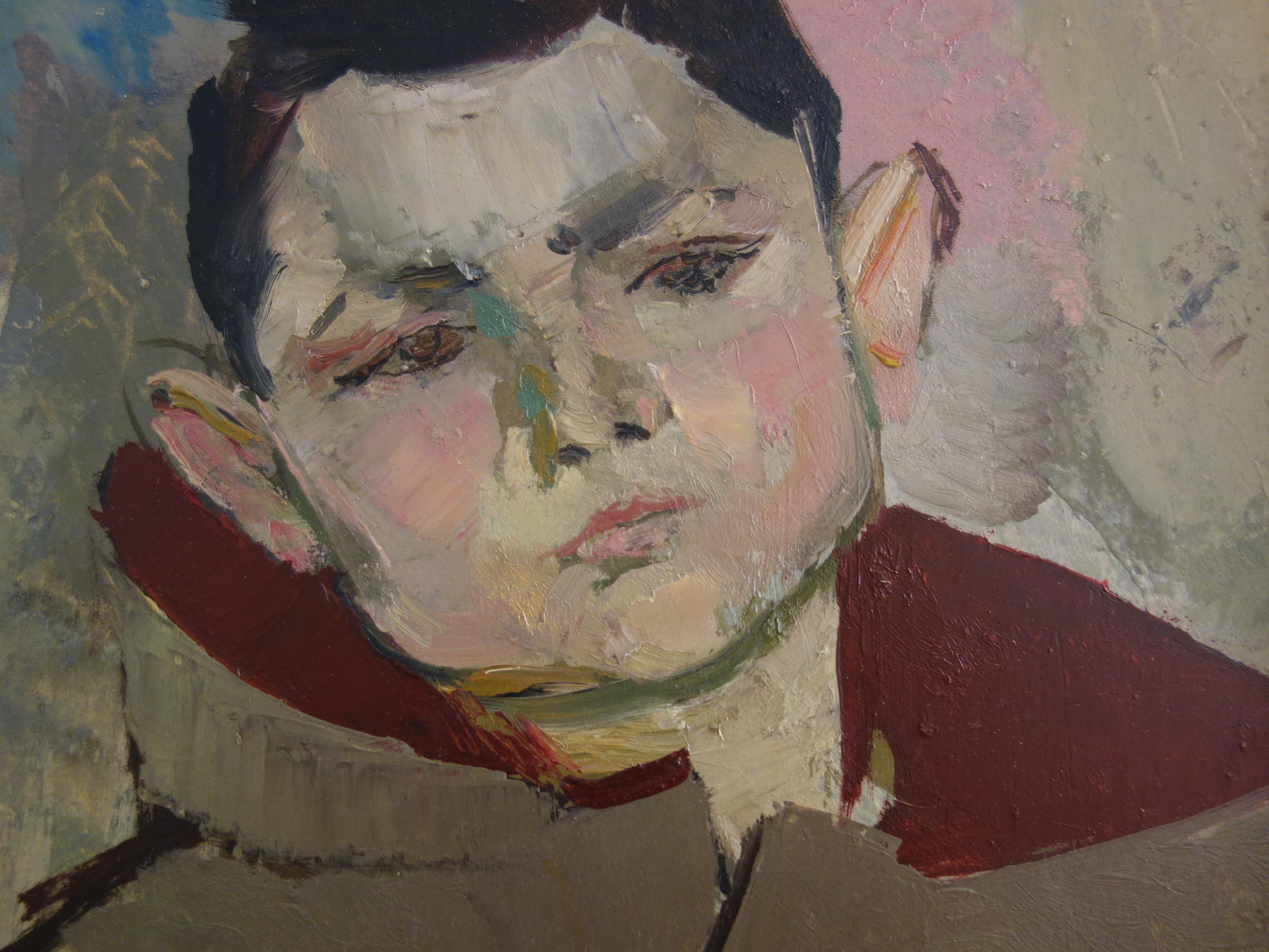 Boy with Duffle Coat - Original hansigned oil on paper - Gray Portrait Painting by René Genis