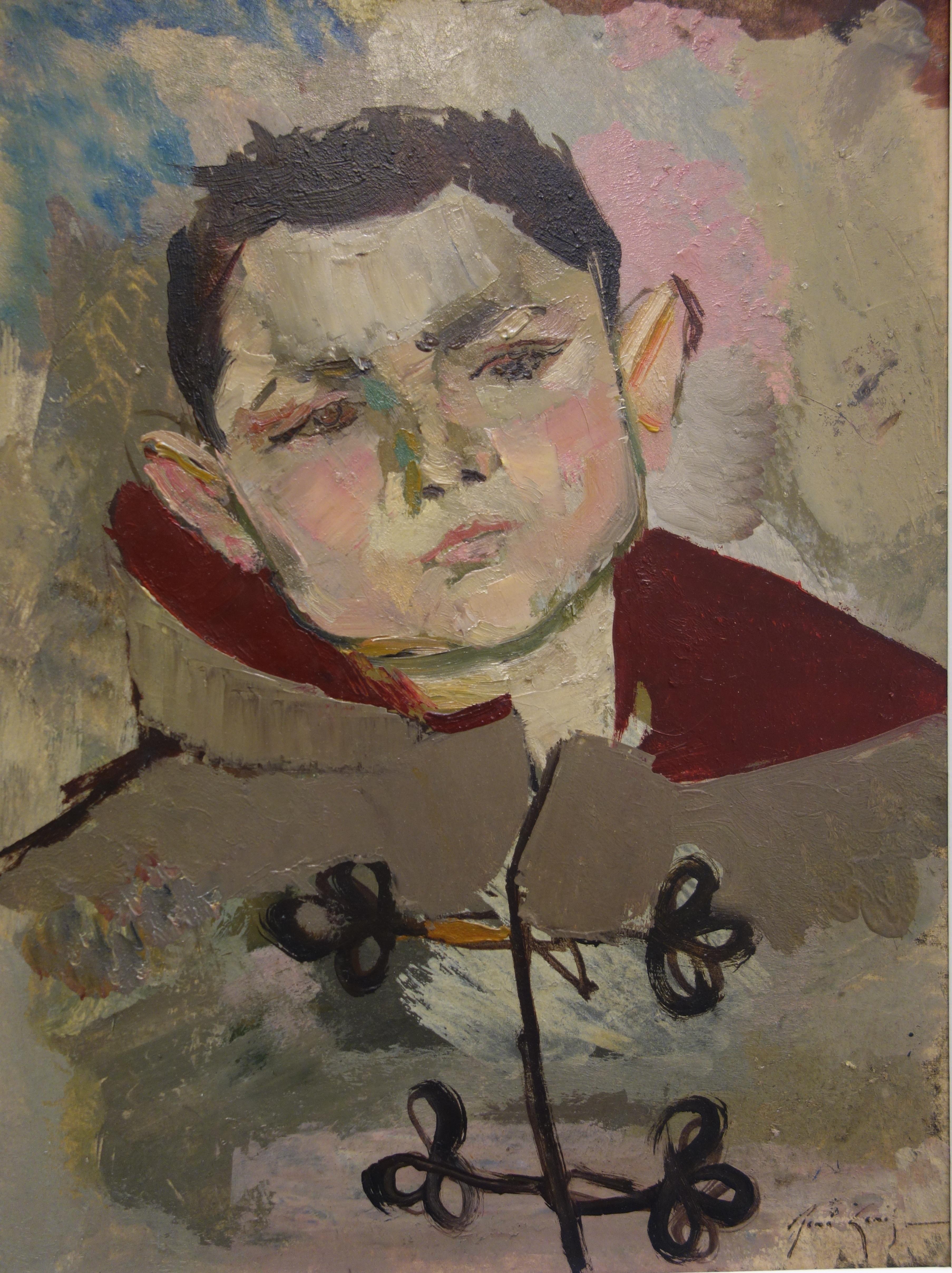 René Genis Portrait Painting – Boy mit Duffle Coat - Original Hansigniertes Öl auf Papier