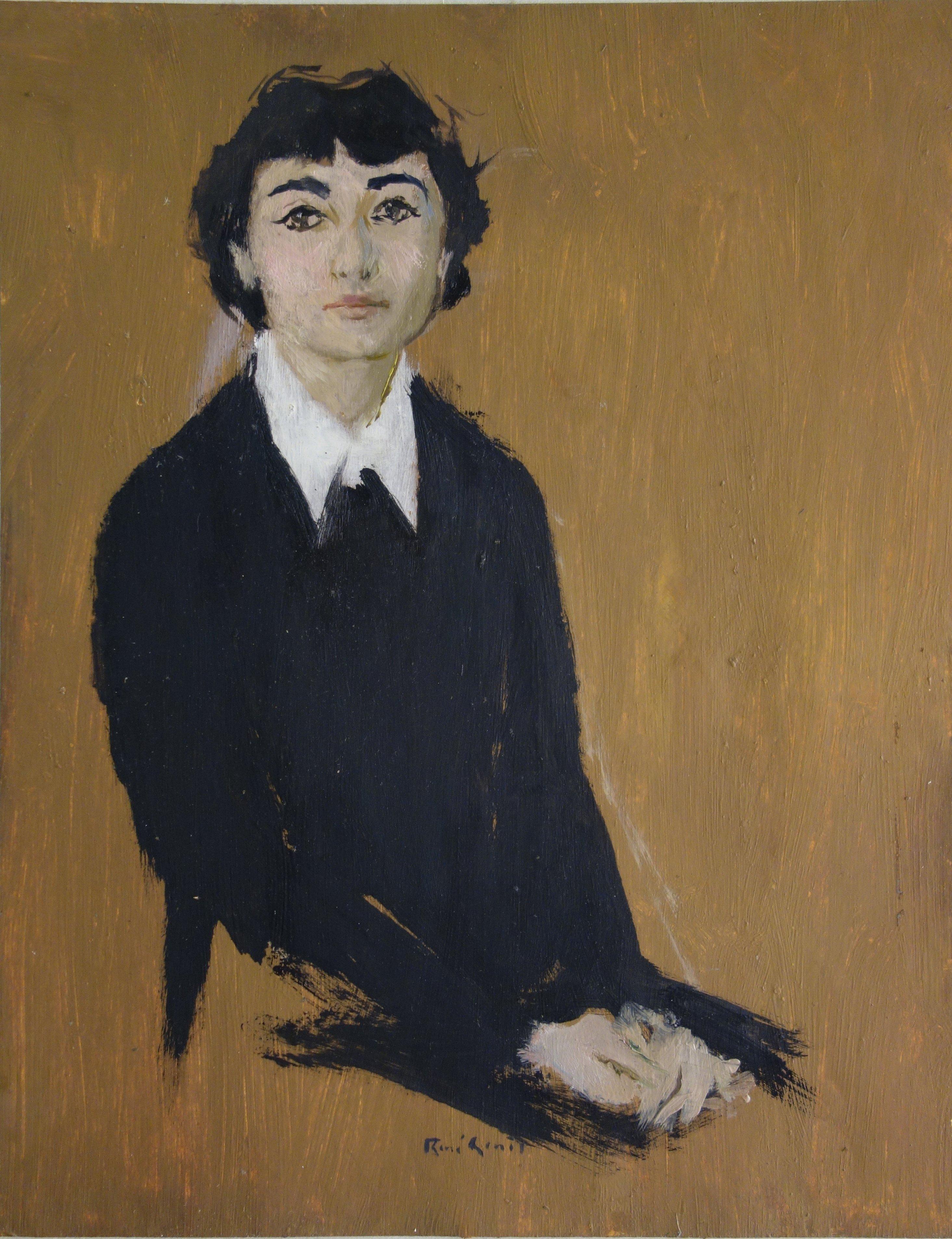Portrait Painting René Genis - Huile sur papier originale d'une femme rêveuse, signée par son aîné