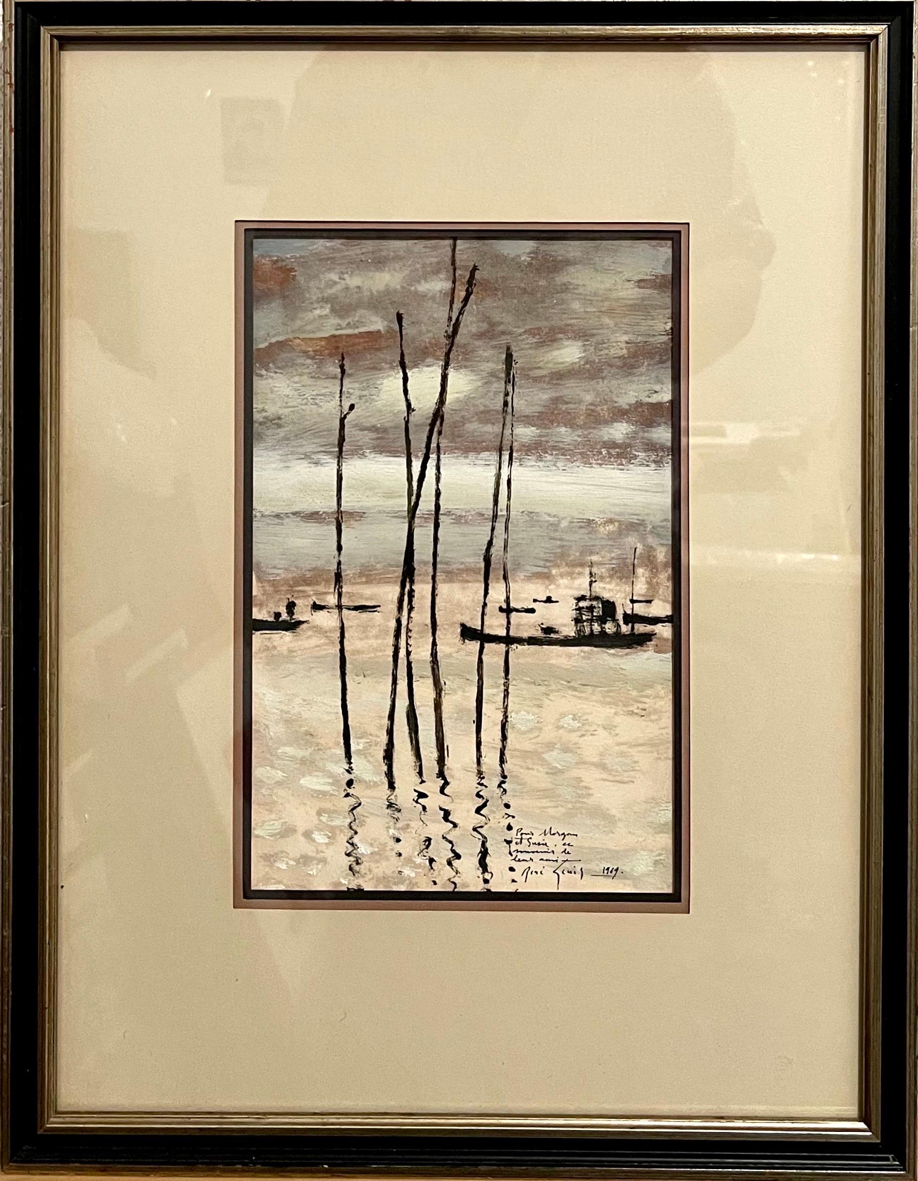 Pittura portuale francese Ecole Paris Rene Genis Vietnam Scena di barche sul fiume - Painting di René Genis