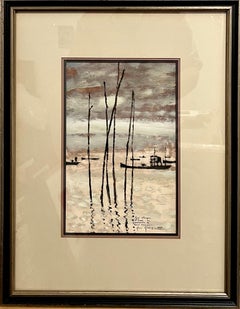 French Harbor Painting Ecole Paris Rene Genis Vietnam River Boats Boat Scene