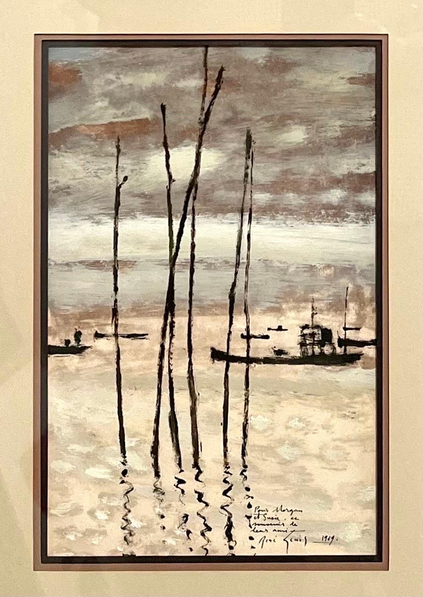 Pittura portuale francese Ecole Paris Rene Genis Vietnam Scena di barche sul fiume - Painting Postimpressionismo di René Genis