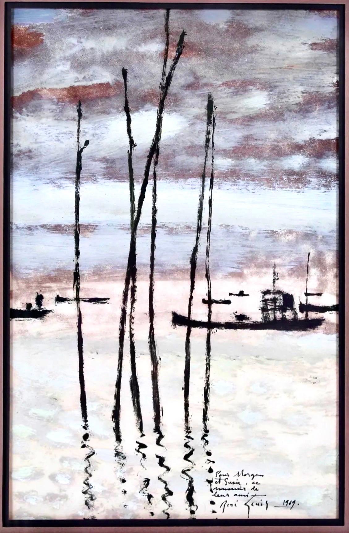Pittura portuale francese Ecole Paris Rene Genis Vietnam Scena di barche sul fiume 1