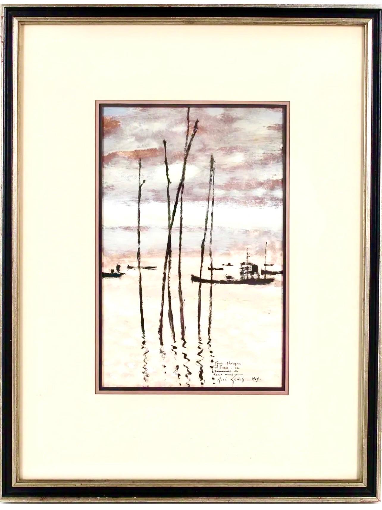 Pittura portuale francese Ecole Paris Rene Genis Vietnam Scena di barche sul fiume 3
