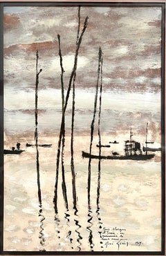 Peinture de port française - École de Paris - René Genis - Scène de bateaux de la rivière Vietnam