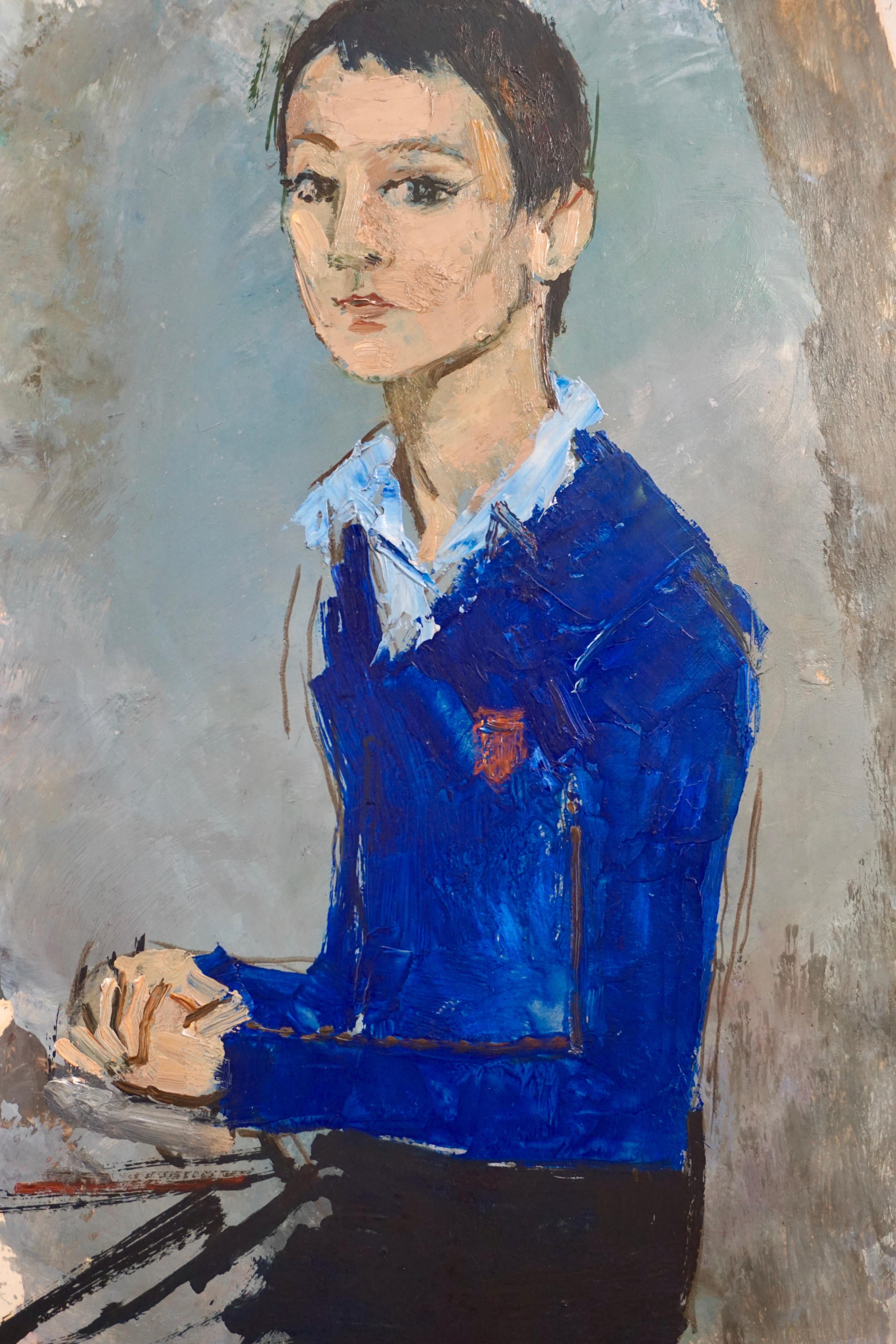 „Le Gilet Bleu Die blaue Jacke – Painting von René Genis