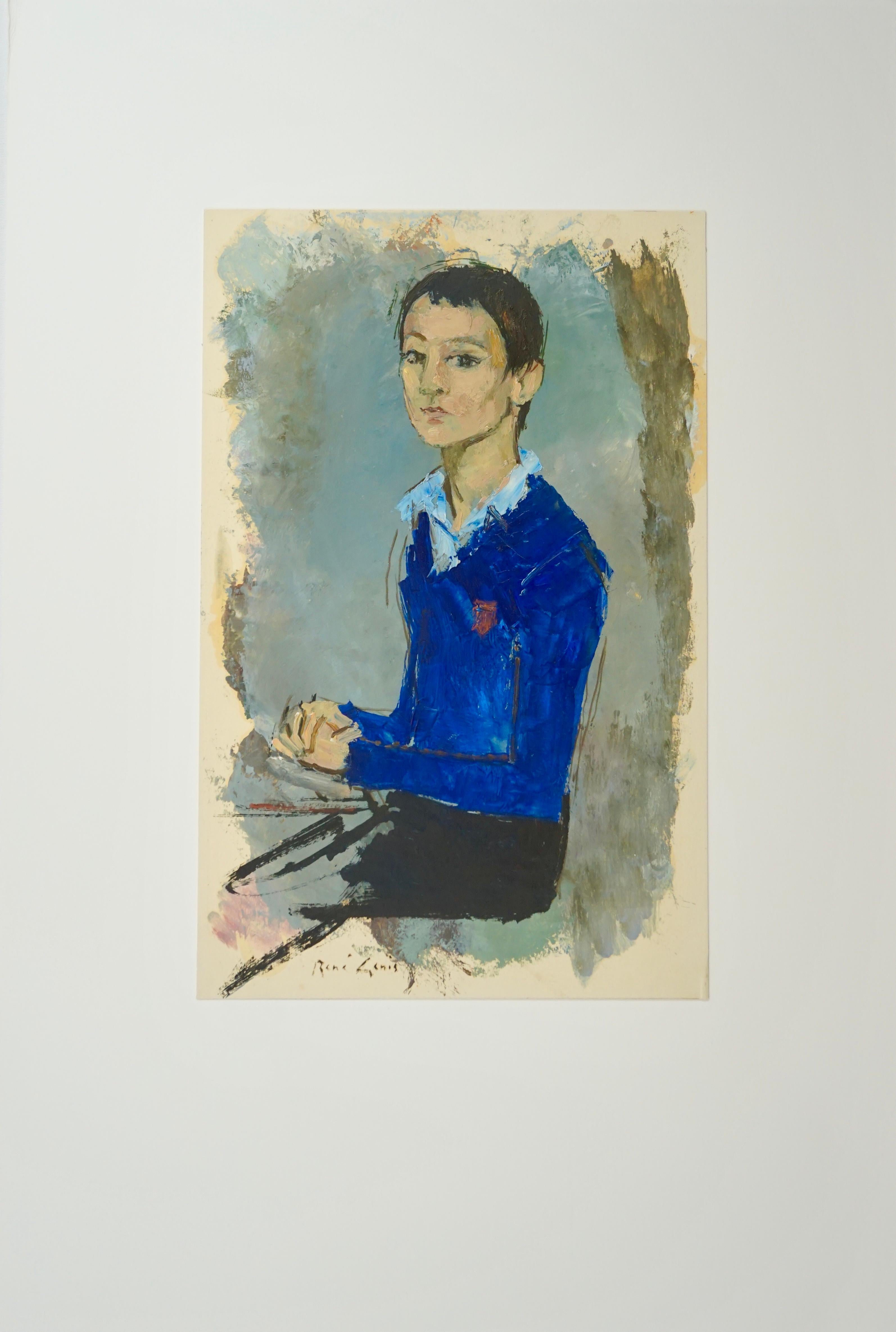 „Le Gilet Bleu Die blaue Jacke (Grau), Portrait Painting, von René Genis