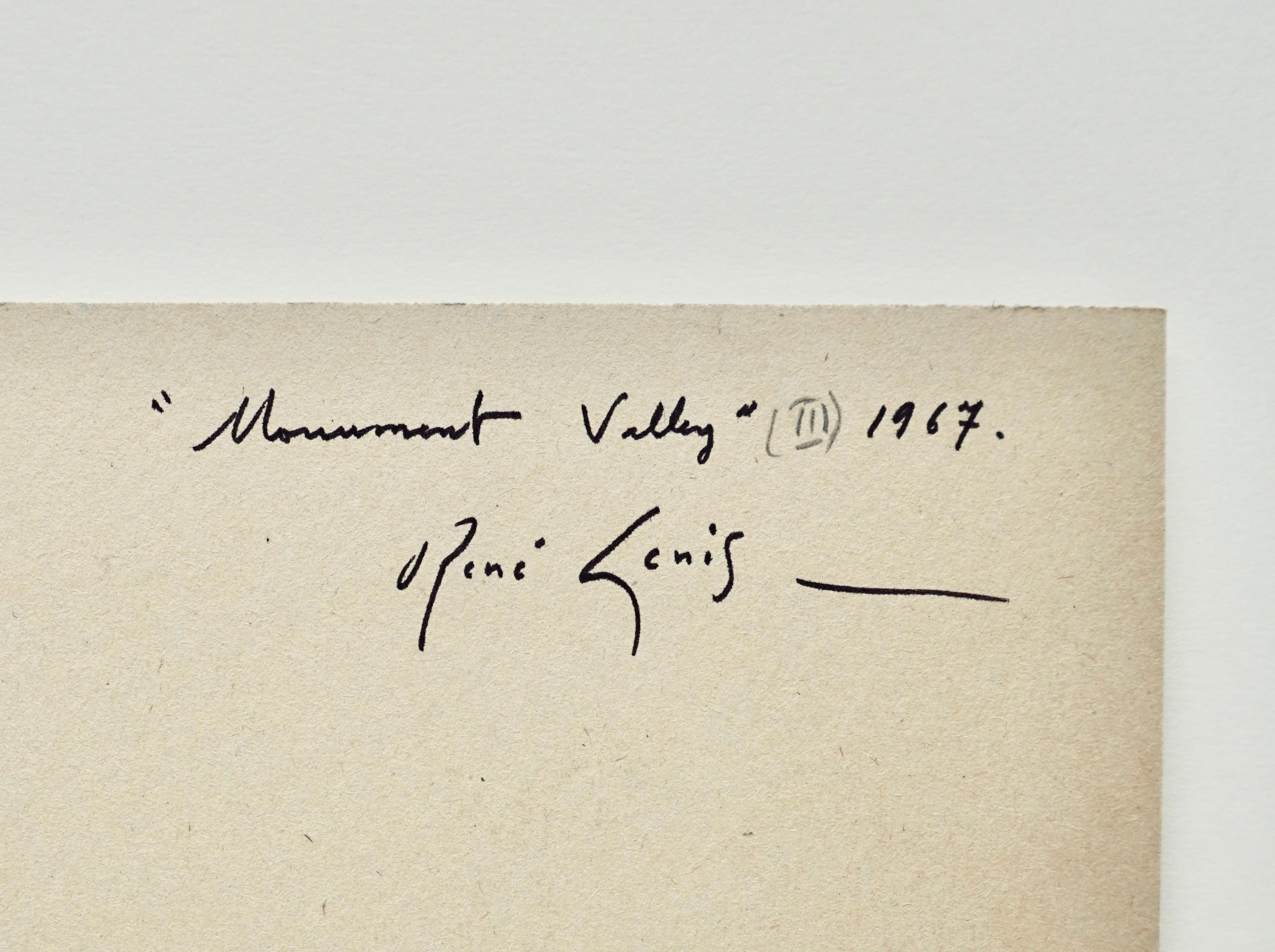 Rene Genis (Französisch 1922-2004) Monument Valley.  1967.  Schöne Orange-, Braun- und Grüntöne vor einem türkisblauen Himmel.  Öl auf Leinwand, auf Passepartout gelegt.  Verso signiert, betitelt und datiert.  Bildgröße 8 x 17,  Kartongröße 11 3/4 x