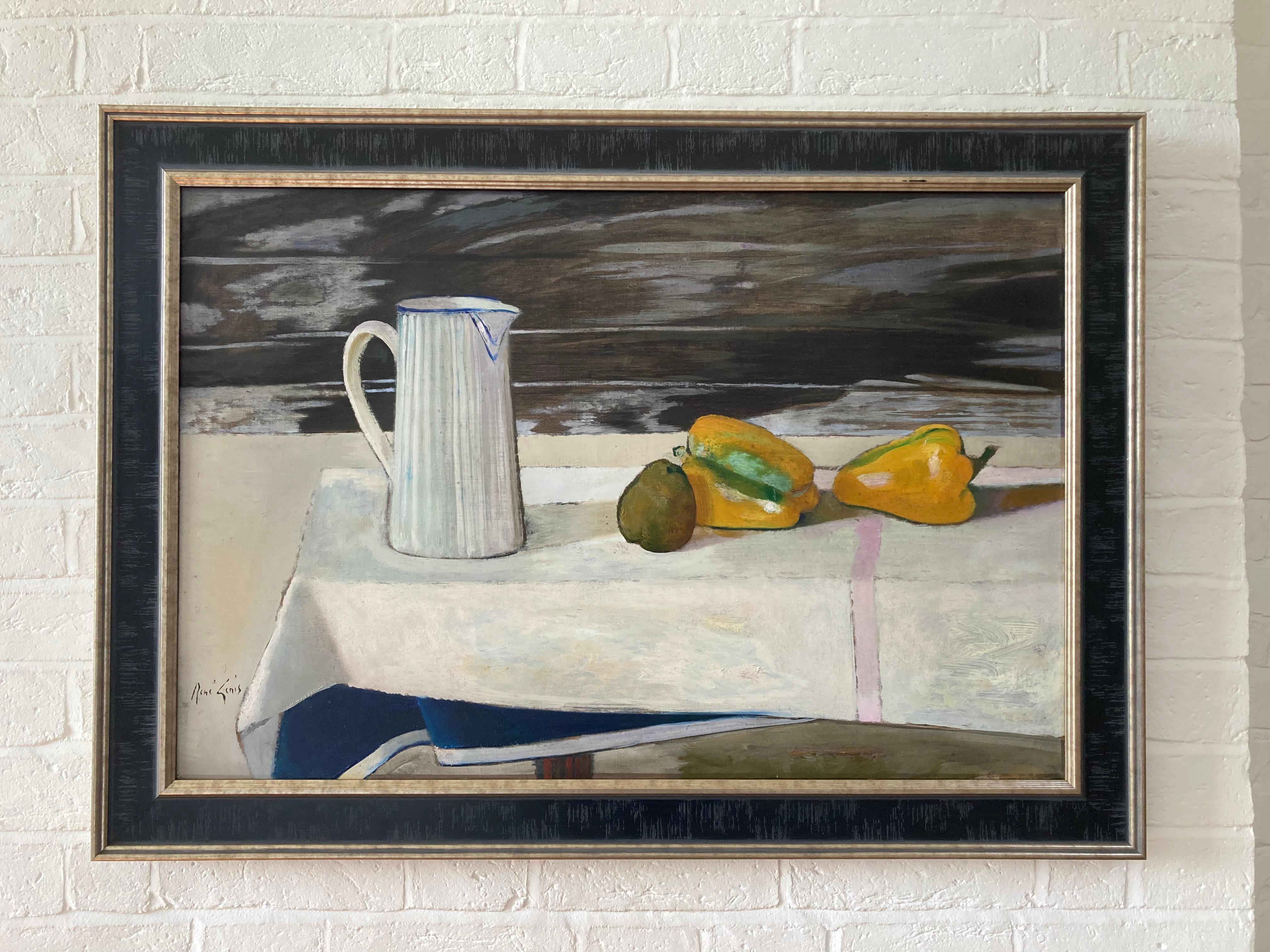 Rene Genis, Modernist oil still life of a Jug and bell peppers on a table For Sale 7