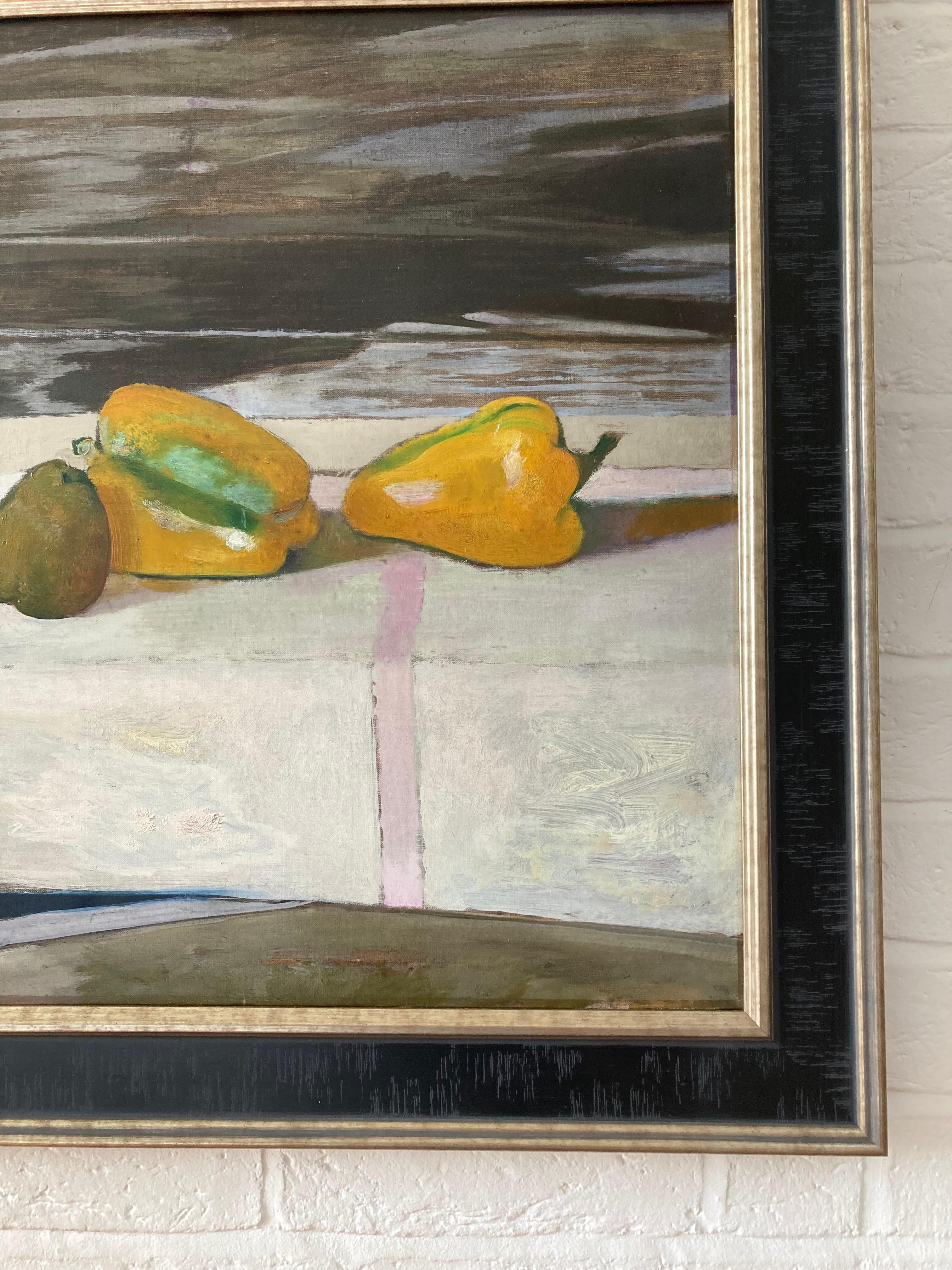 Rene Genis, Modernist oil still life of a Jug and bell peppers on a table For Sale 11