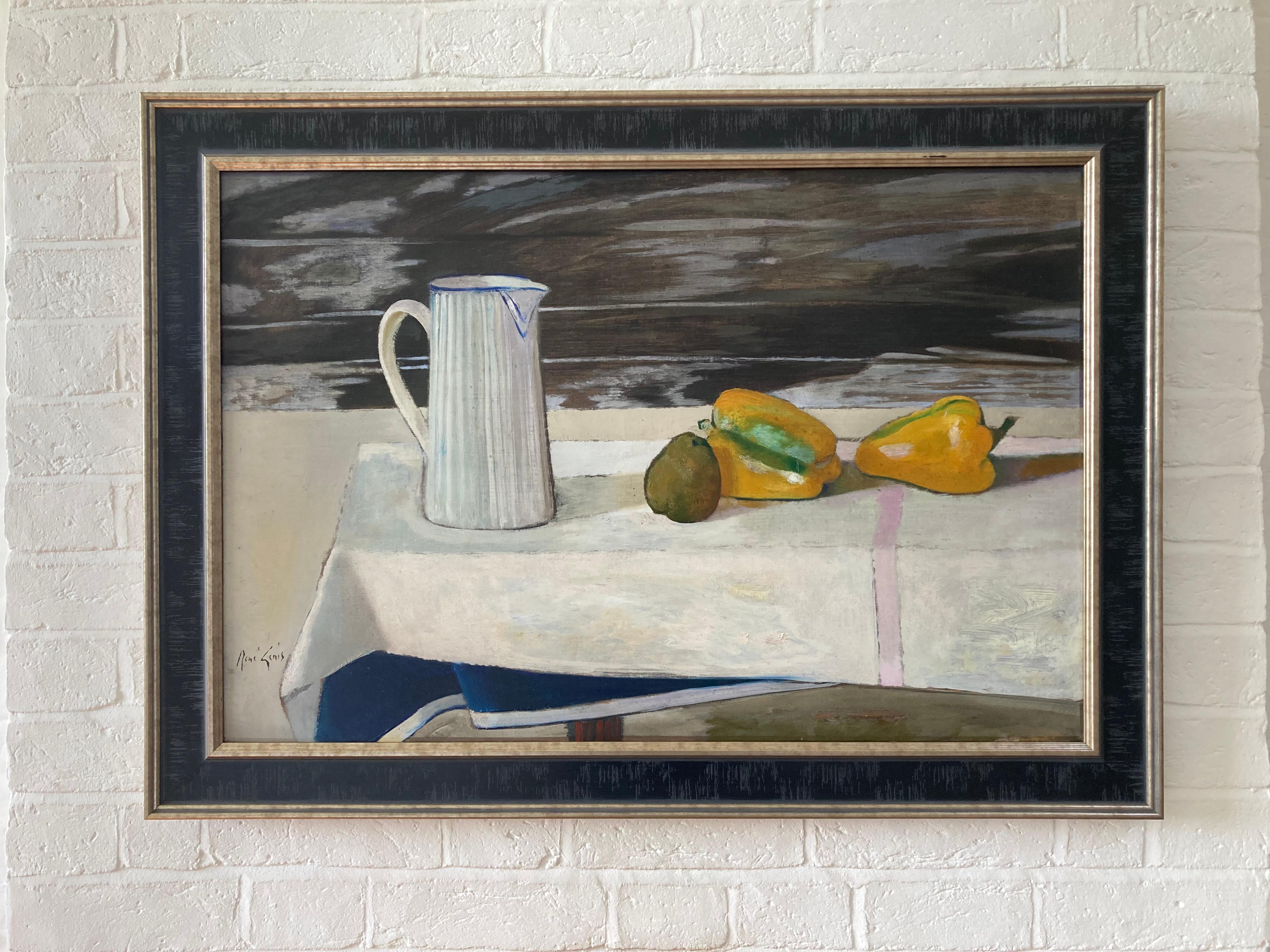 Rene Genis, Modernist oil still life of a Jug and bell peppers on a table For Sale 12