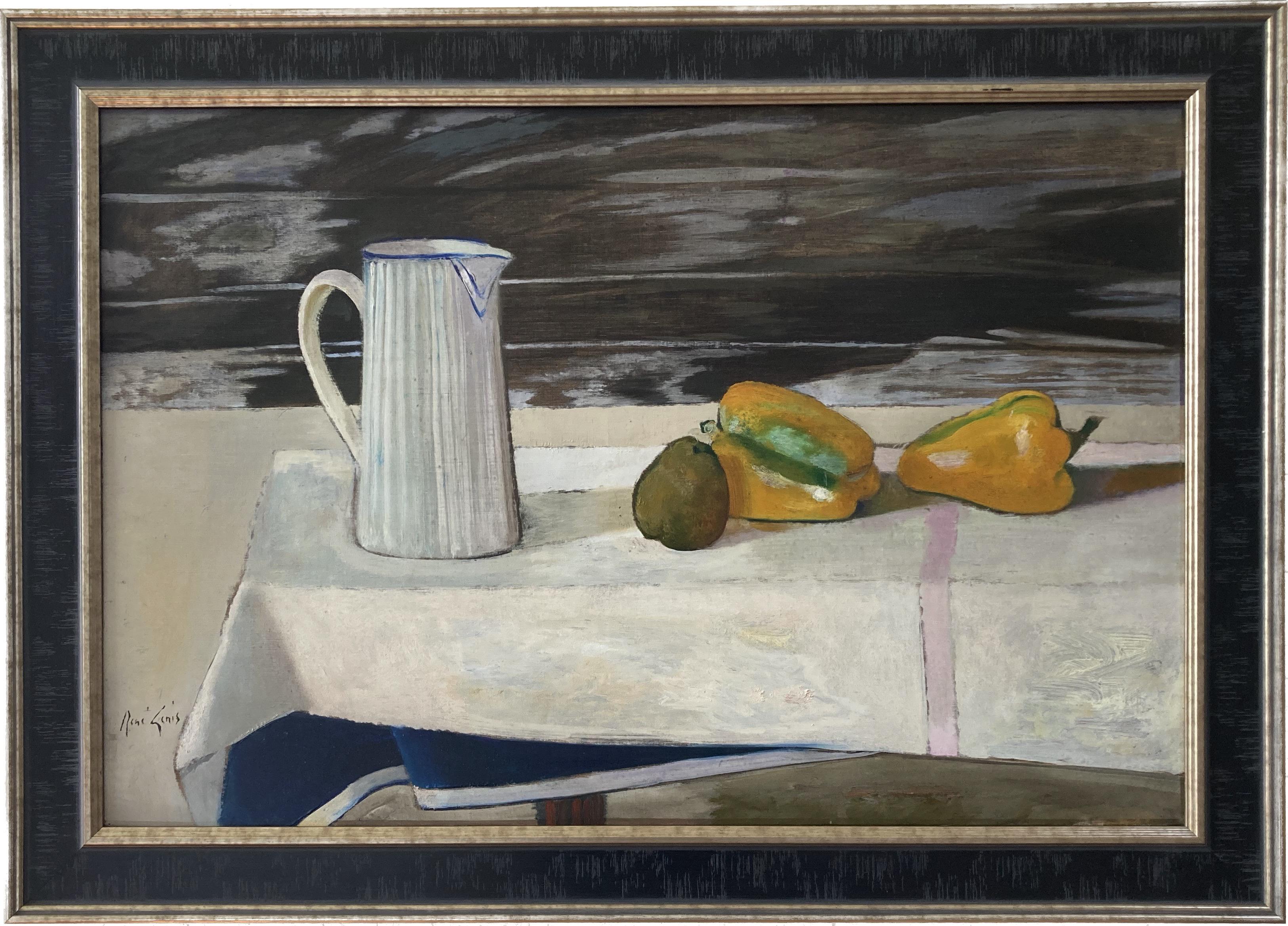 Rene Genis, Modernist oil still life of a Jug and bell peppers on a table - Painting by René Genis