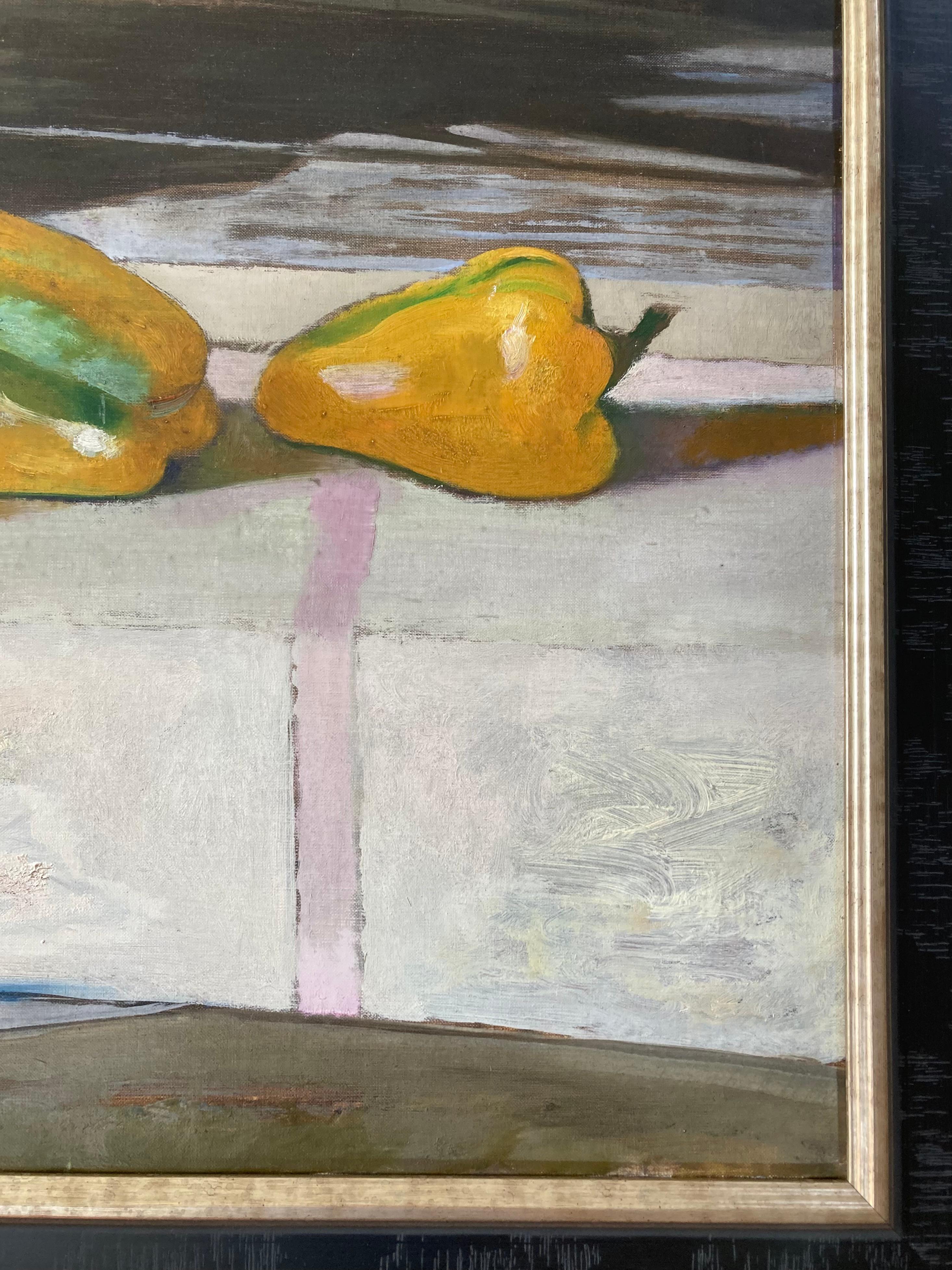 Rene Genis, Modernist oil still life of a Jug and bell peppers on a table For Sale 1