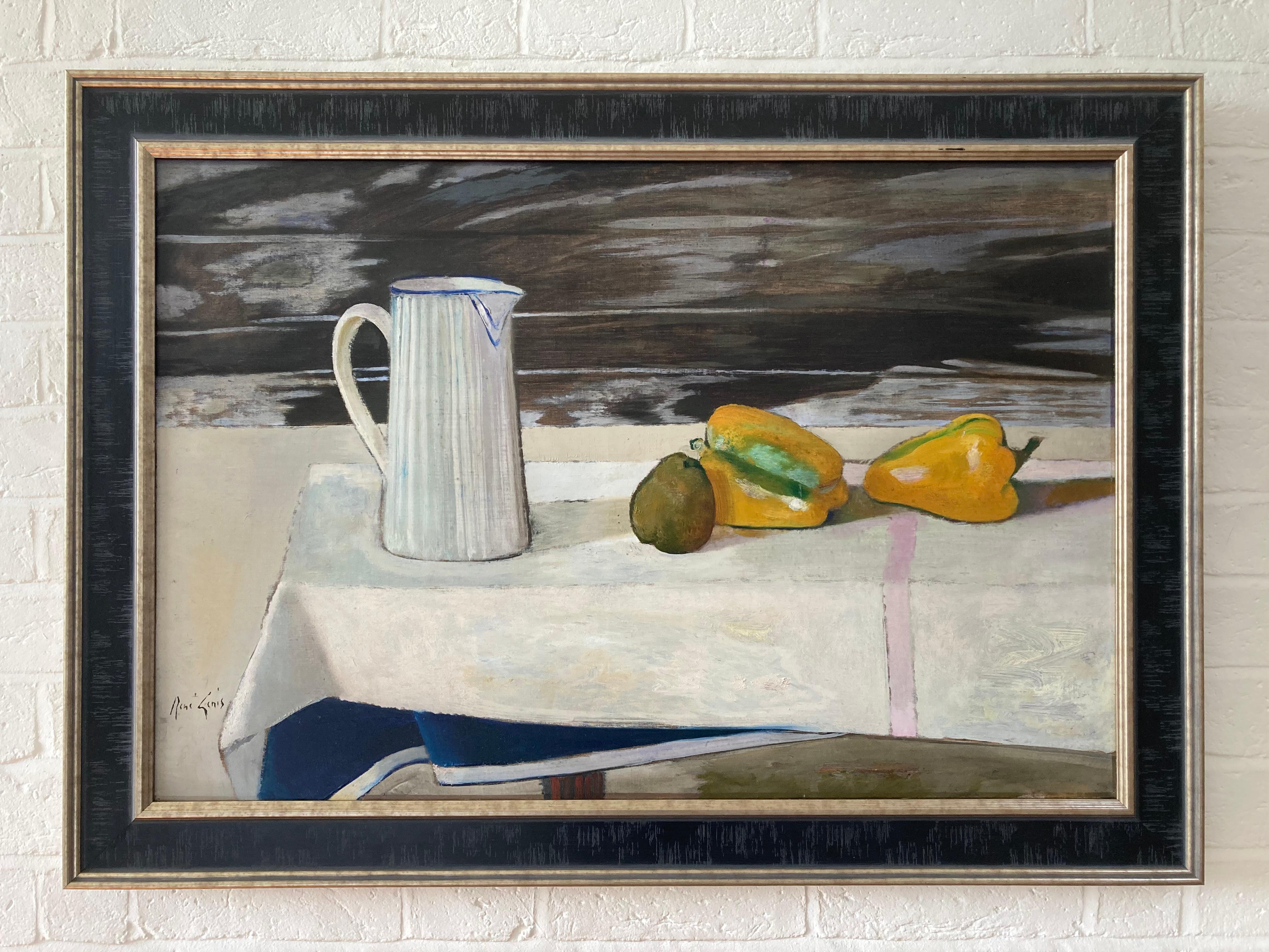 Rene Genis, Modernist oil still life of a Jug and bell peppers on a table For Sale 3