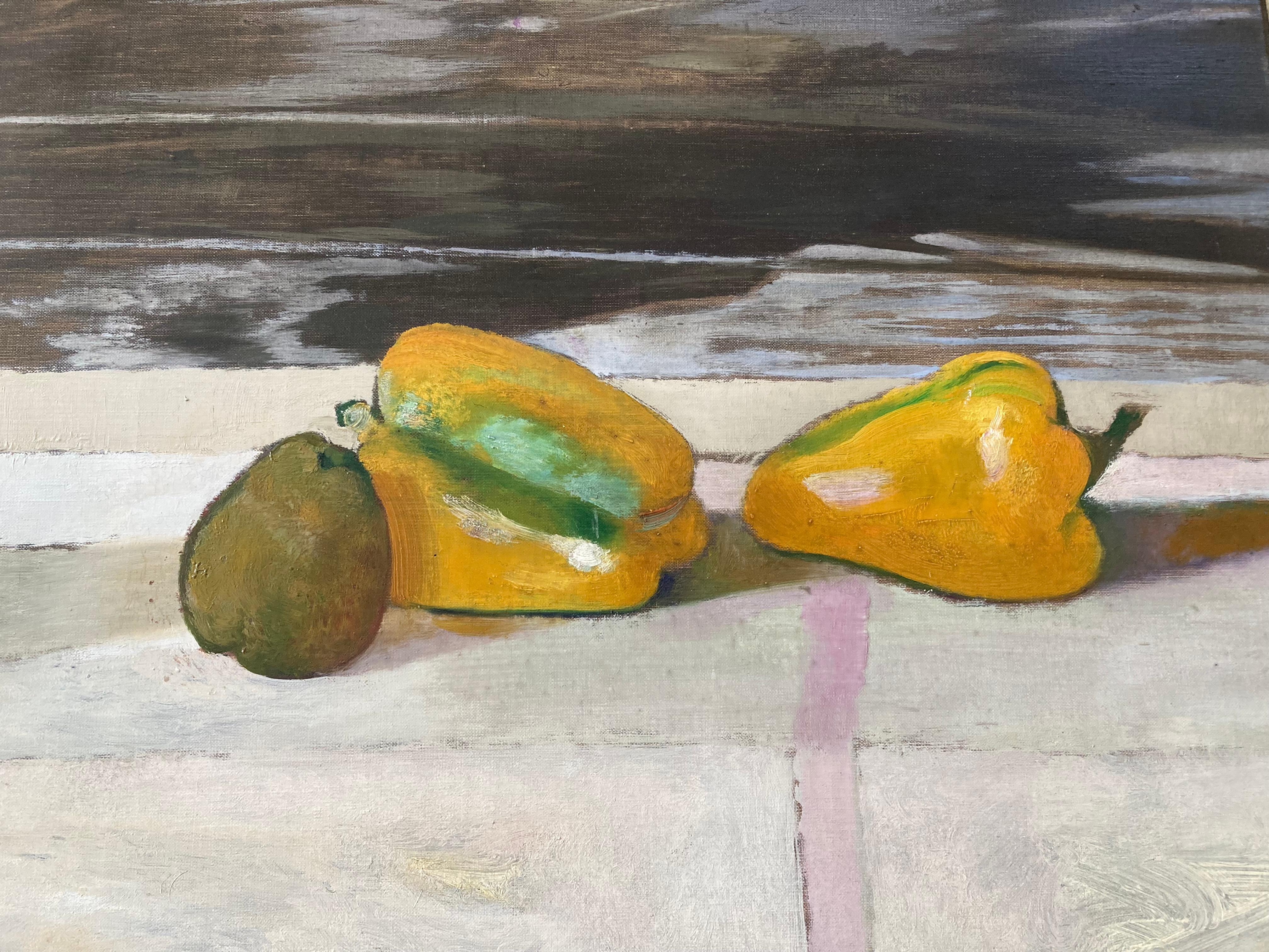 Rene Genis, Modernist oil still life of a Jug and bell peppers on a table For Sale 4