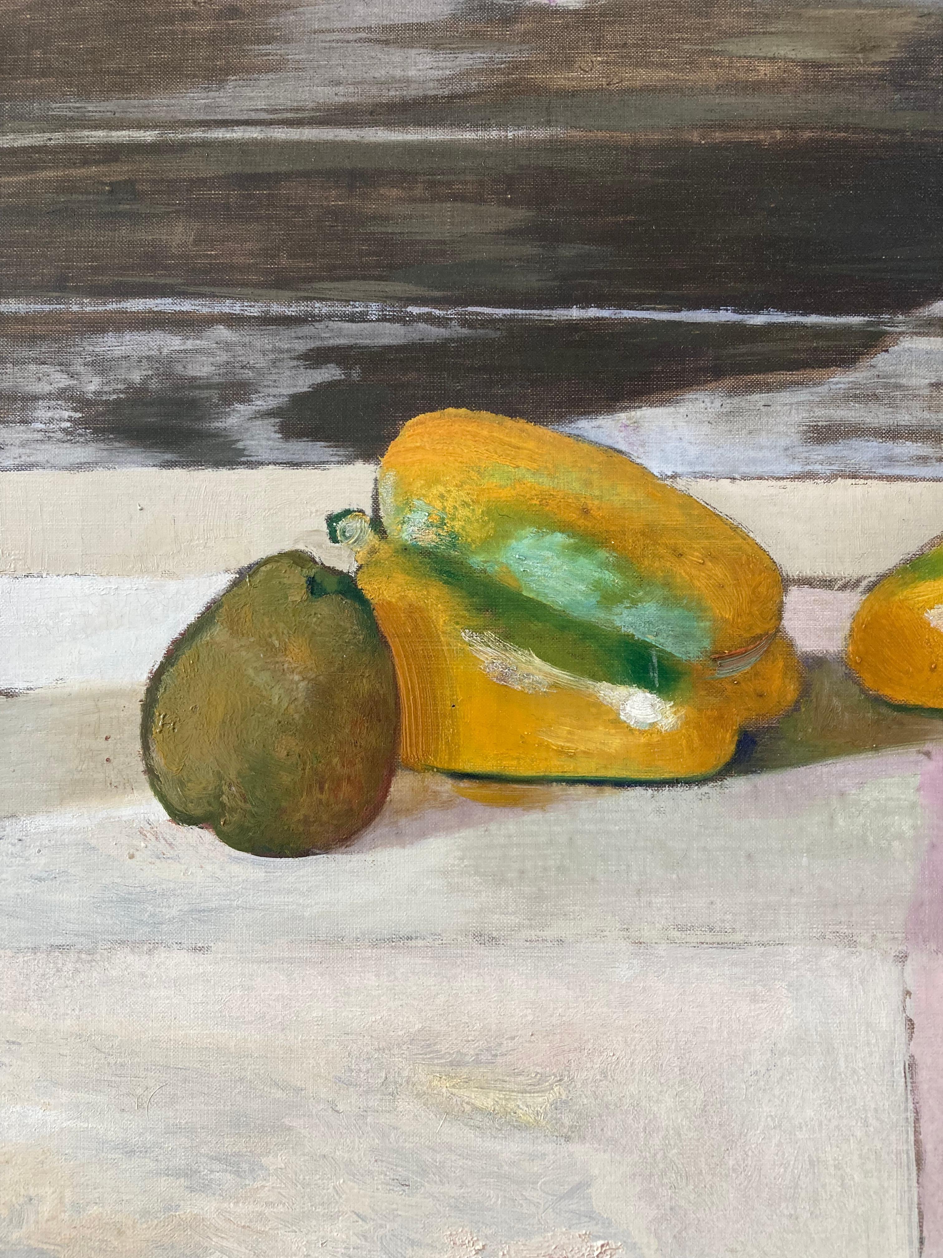 Rene Genis, Modernist oil still life of a Jug and bell peppers on a table For Sale 5