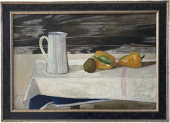 Nature morte moderniste à l'huile de René Genis représentant une cruche et des poivrières sur une table