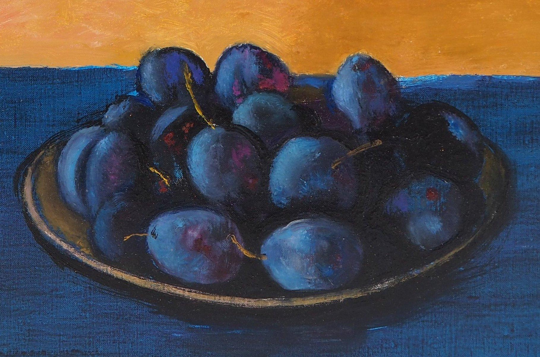 Still Life with Plums - Handsigned oil on canvas - Painting by René Genis