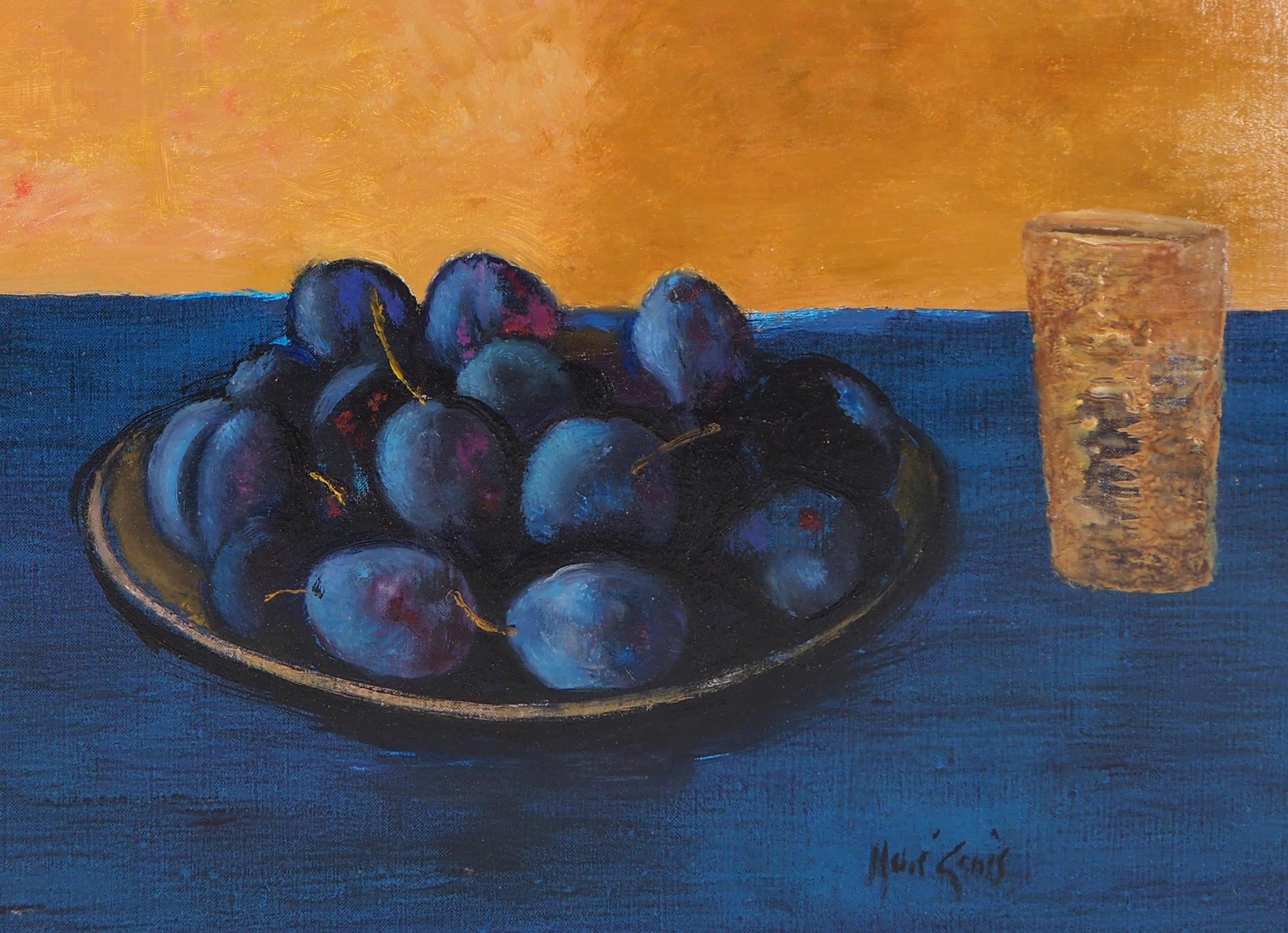 Still Life with Plums - Handsigned oil on canvas - Modern Painting by René Genis