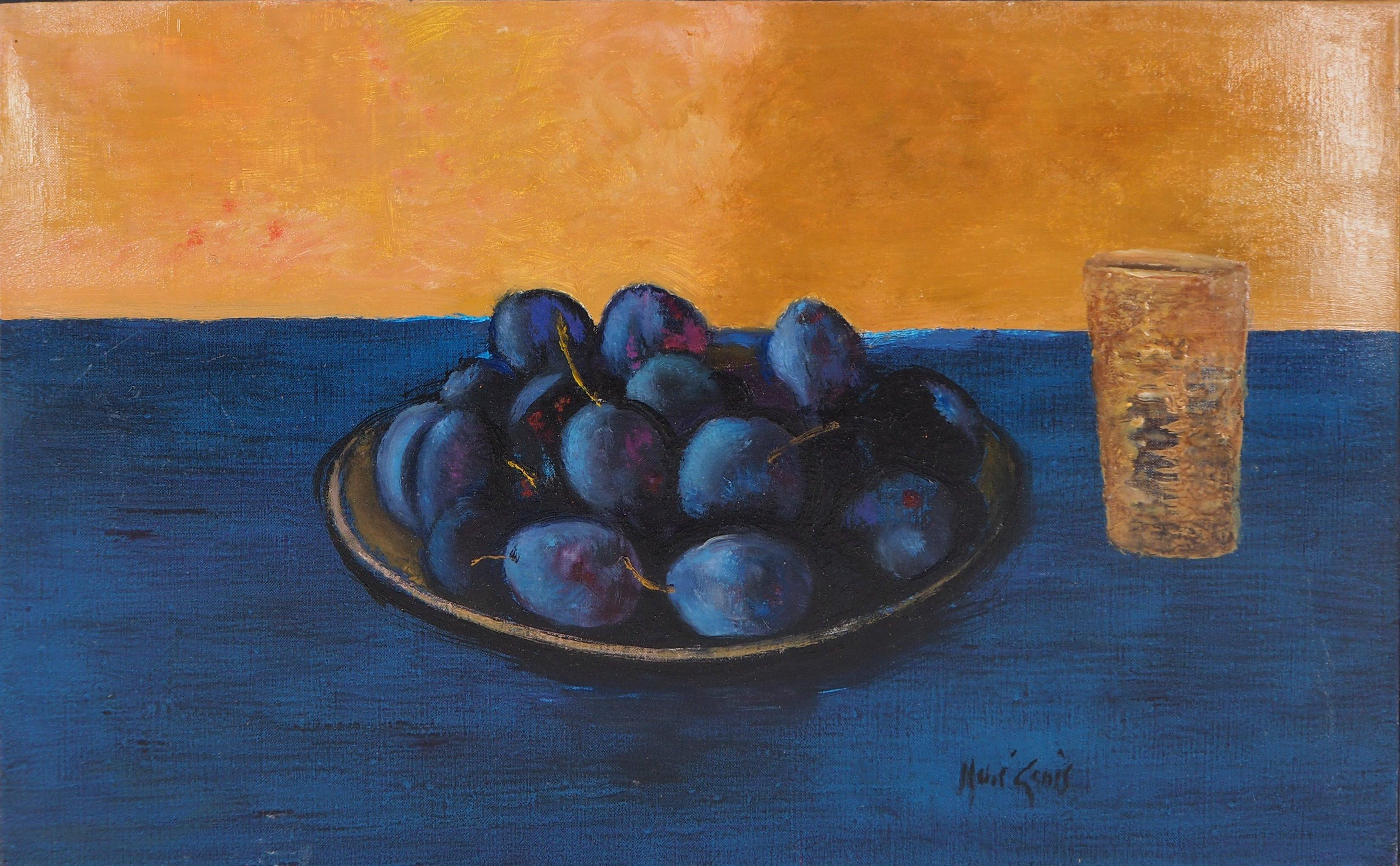René Genis Still-Life Painting - Still Life with Plums - Handsigned oil on canvas