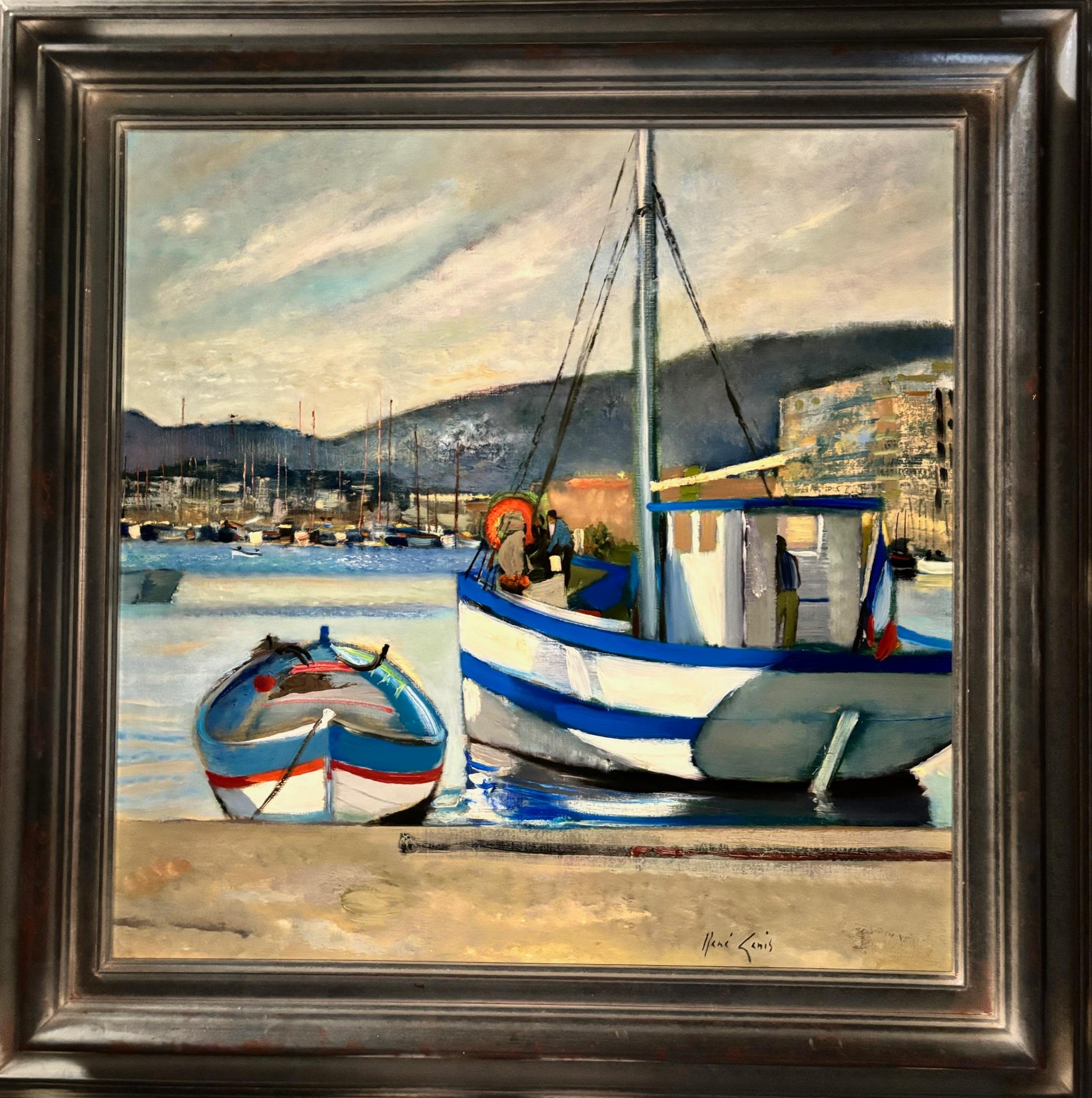 The Toulon port, France par René Genis - Huile sur toile 60x60 cm en vente 1