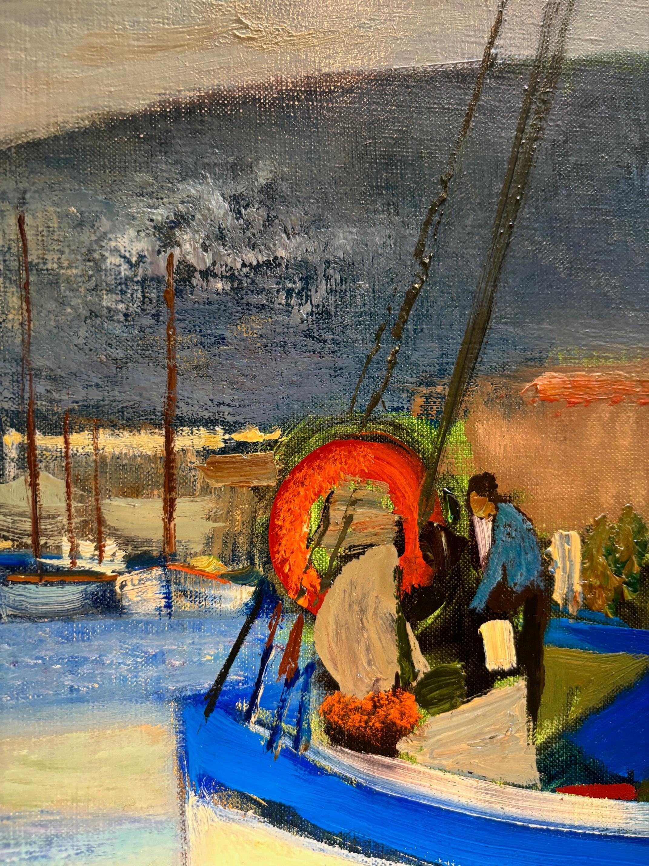 The Toulon port, France par René Genis - Huile sur toile 60x60 cm en vente 2