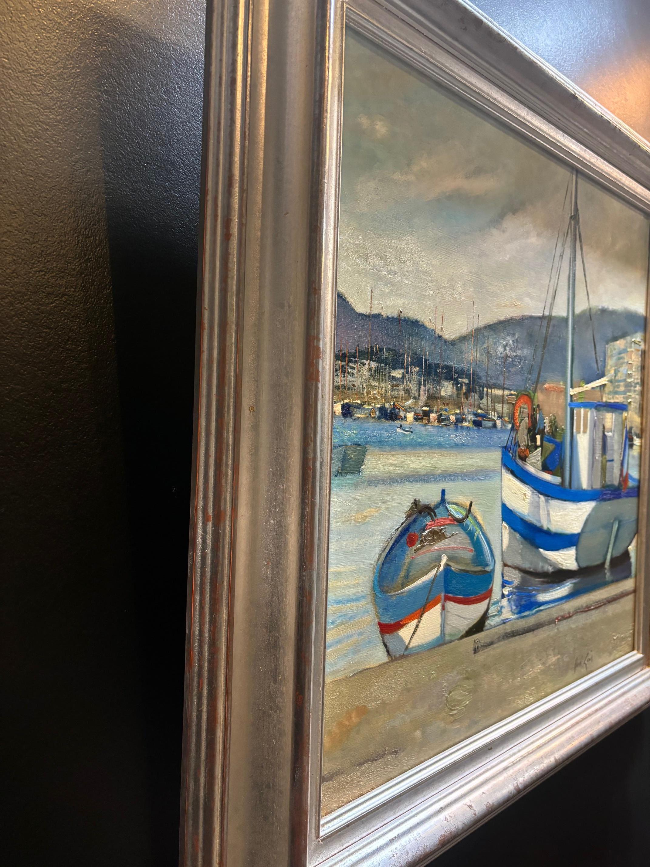 The Toulon port, France par René Genis - Huile sur toile 60x60 cm en vente 4
