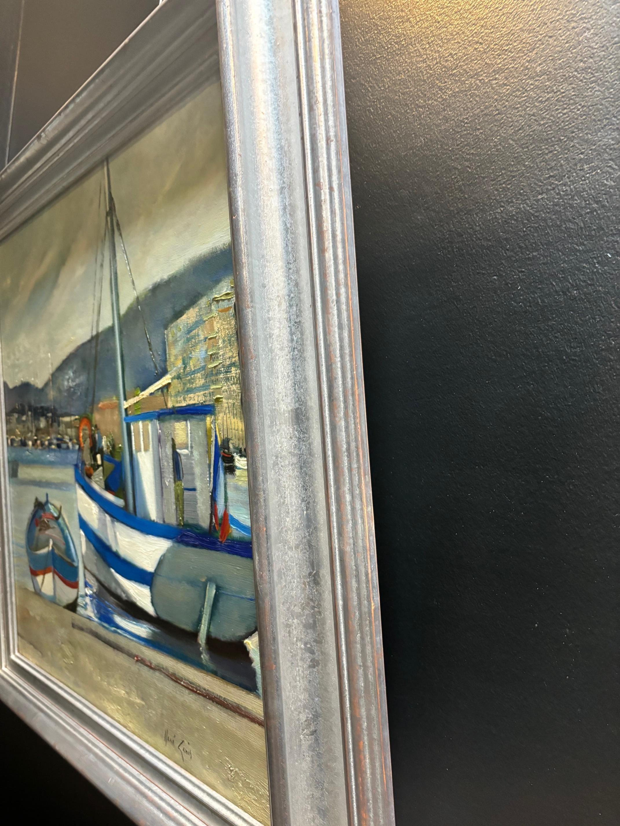 The Toulon port, France par René Genis - Huile sur toile 60x60 cm en vente 5