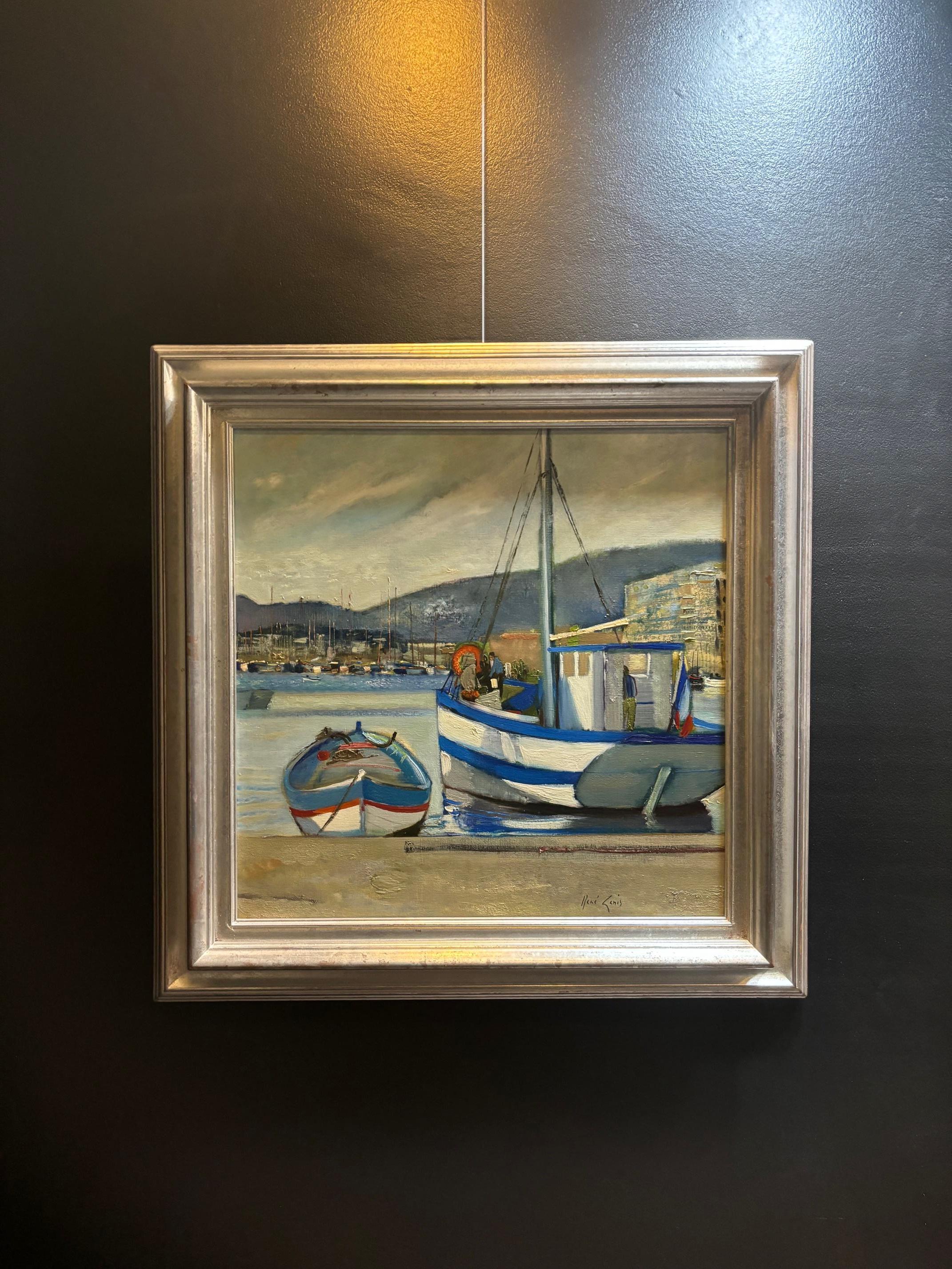 The Toulon port, France par René Genis - Huile sur toile 60x60 cm en vente 6
