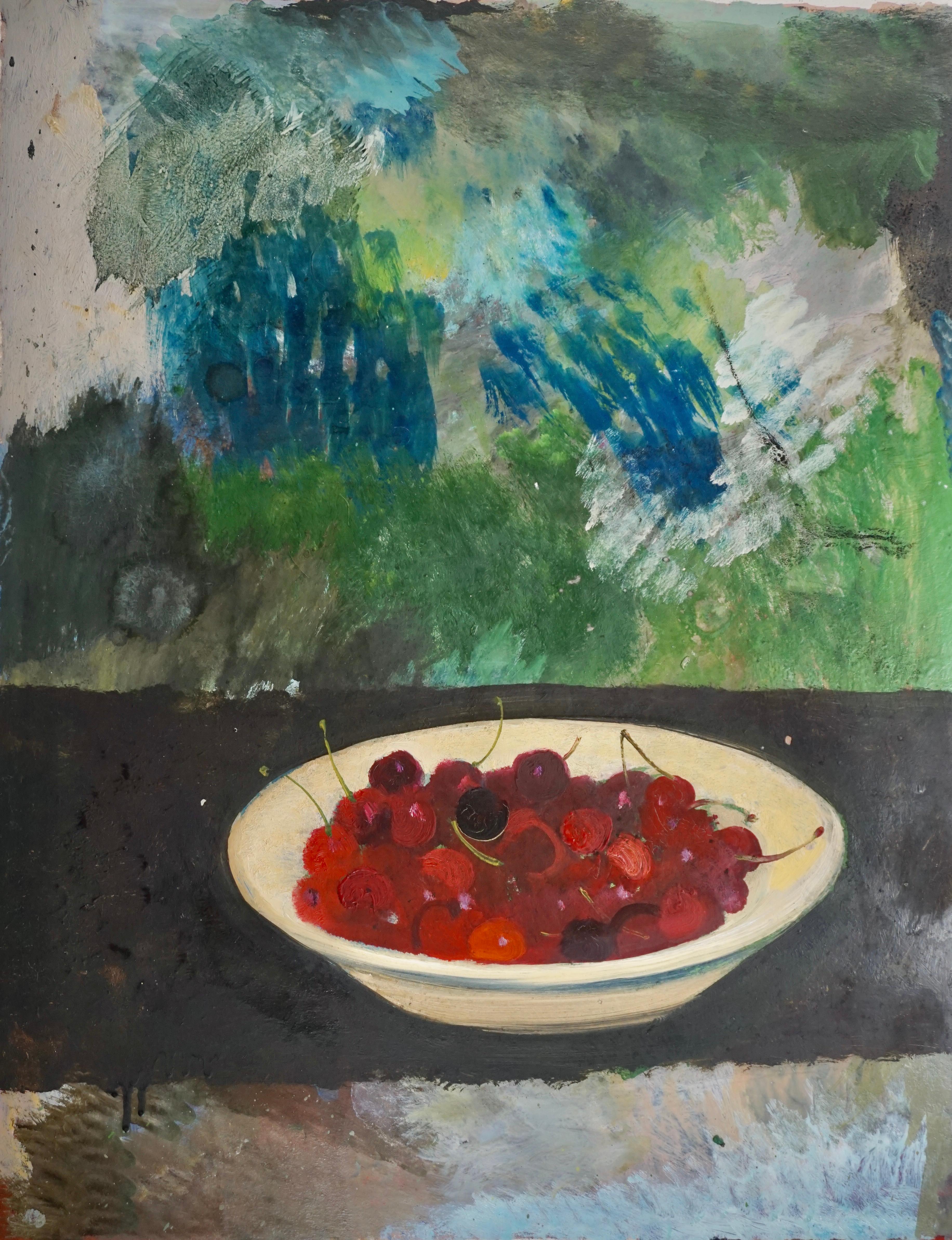Untitled Still Life: Bowl Of Cherries On A Table - Painting by René Genis