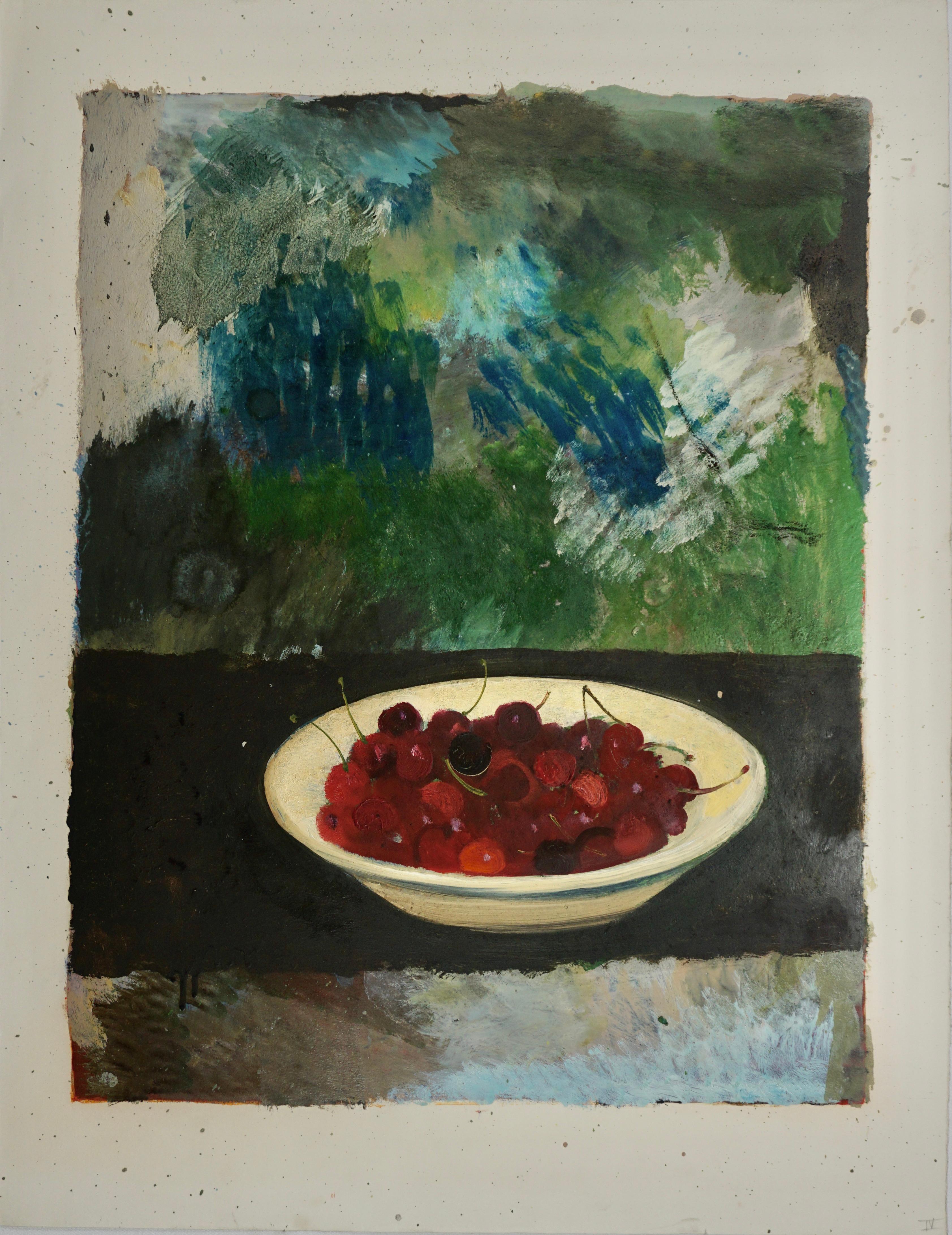 Untitled Still Life: Bowl Of Cherries On A Table - Contemporary Painting by René Genis