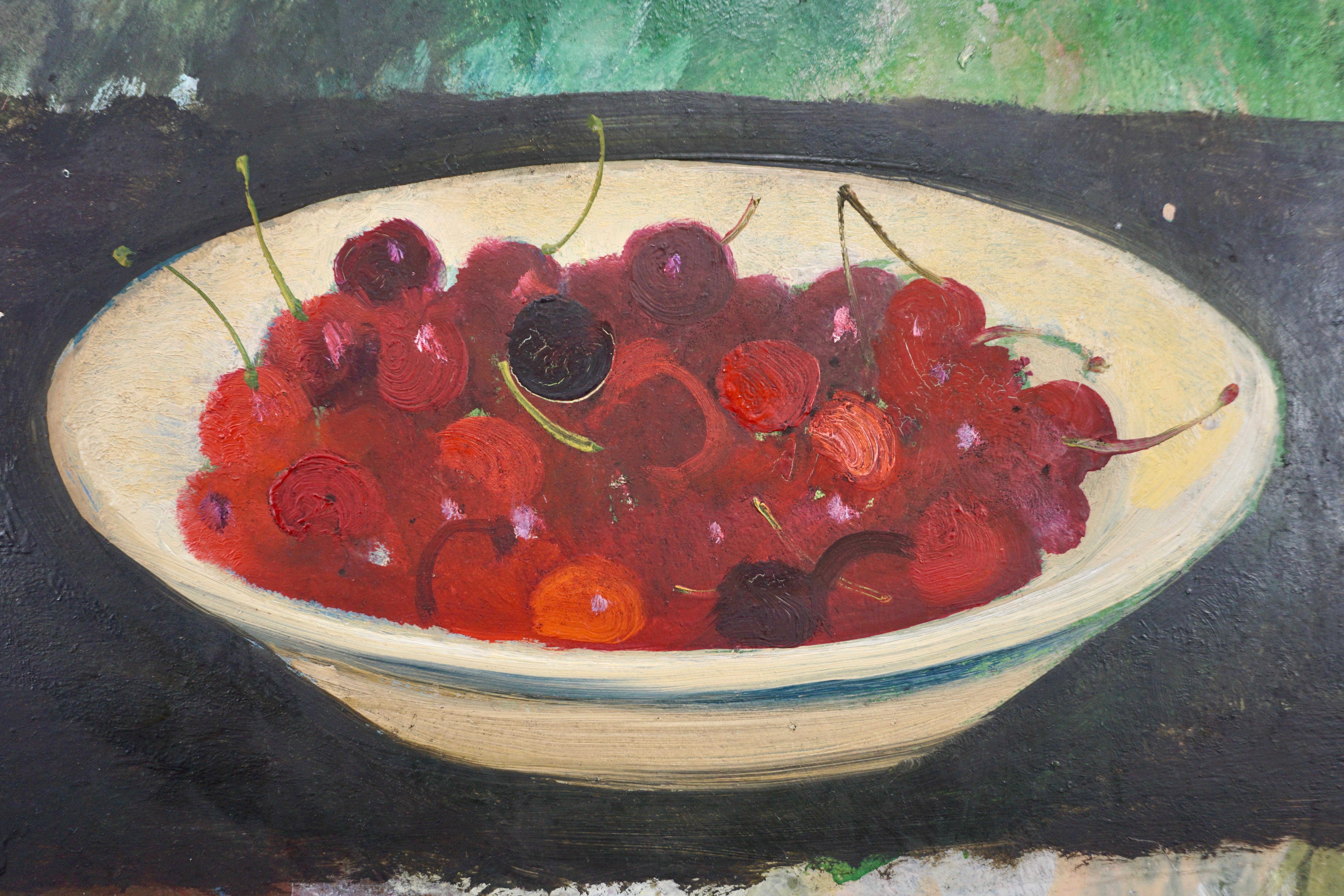 René Genis Still-Life Painting - Untitled Still Life: Bowl Of Cherries On A Table