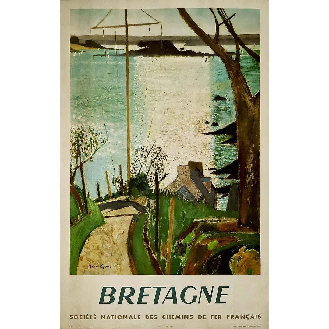 Belle affiche touristique française originale annonçant les chemins de fer français (SNCF) et leurs voyages en Bretagne. Cette affiche a été créée en 1957 par René Genis et publiée par Paul Martial. René Genis, né en 1922, est un peintre français du