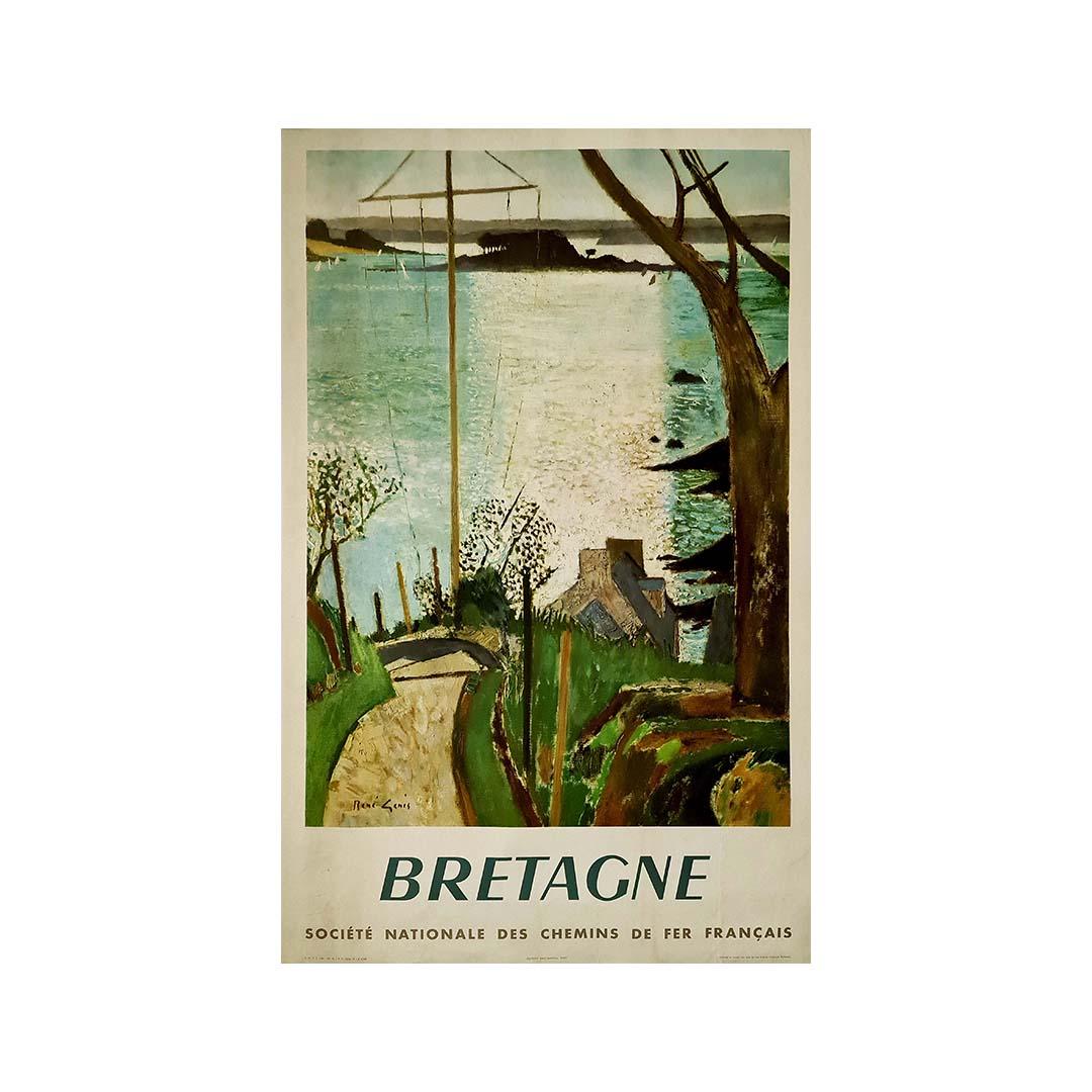 Affiche de tourisme française d'origine de 1957, Chemin de fer français et Bretagne - SNCF Bretagne - Print de René Genis
