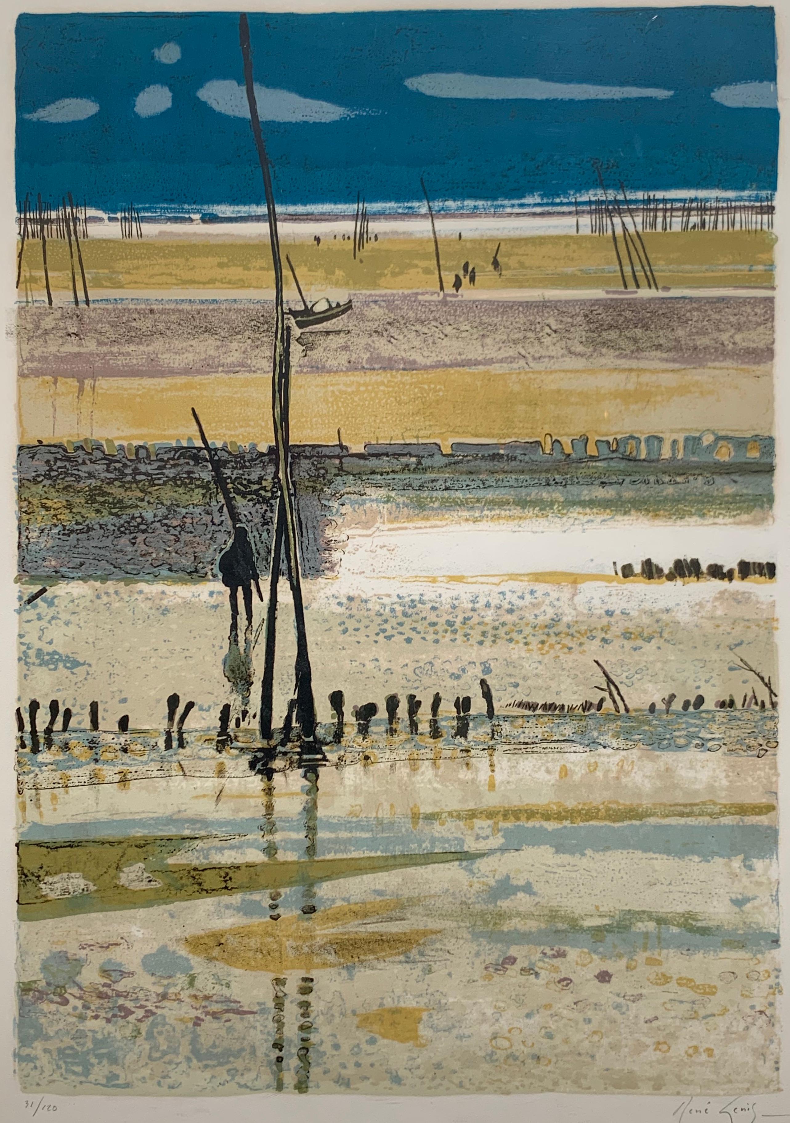 René Genis Landscape Print - La Plage, Arcachon, Marée basse. (French beach landscape) 