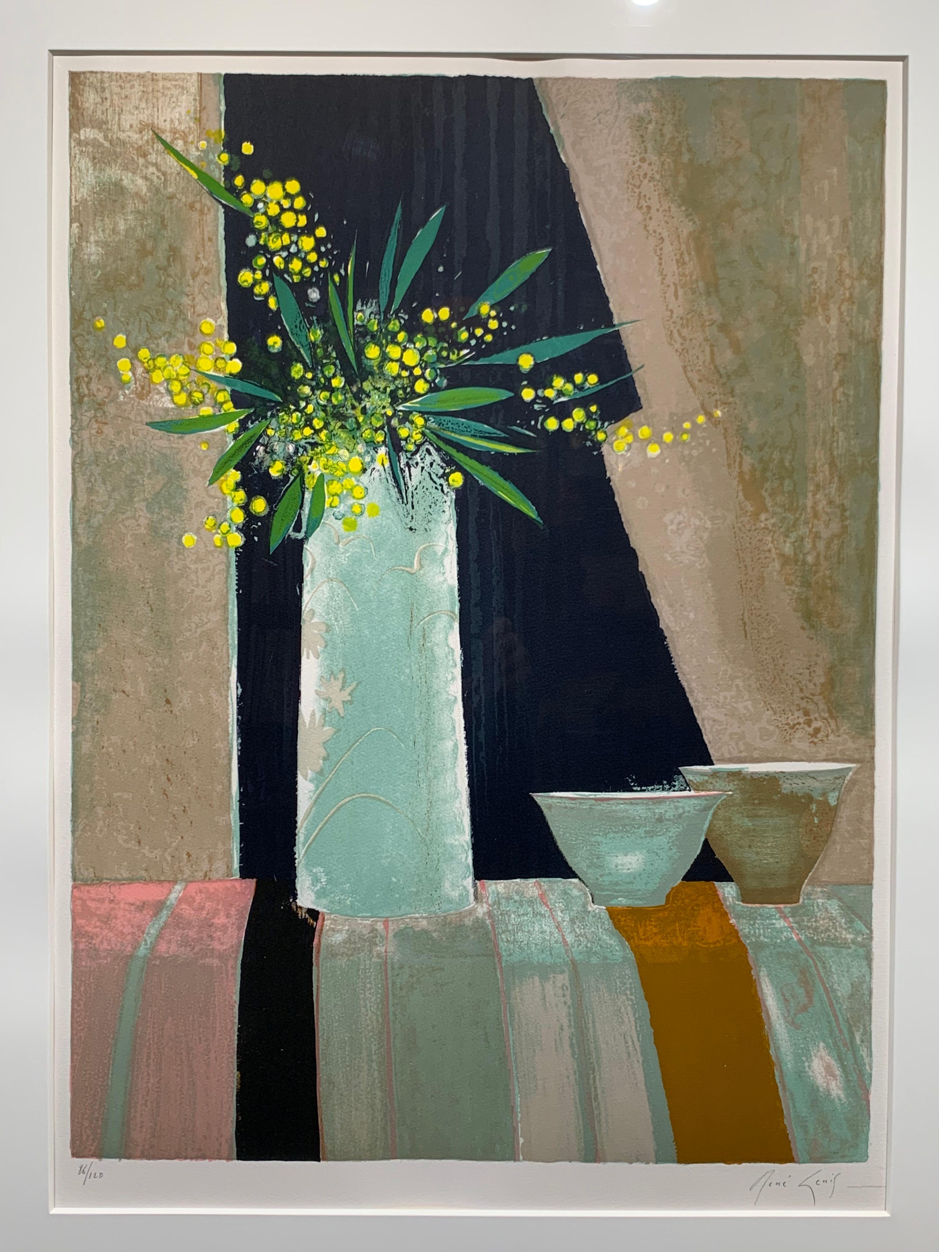 René Genis Still-Life Print - Mimosa et Deux Bols (Floral Still Life)