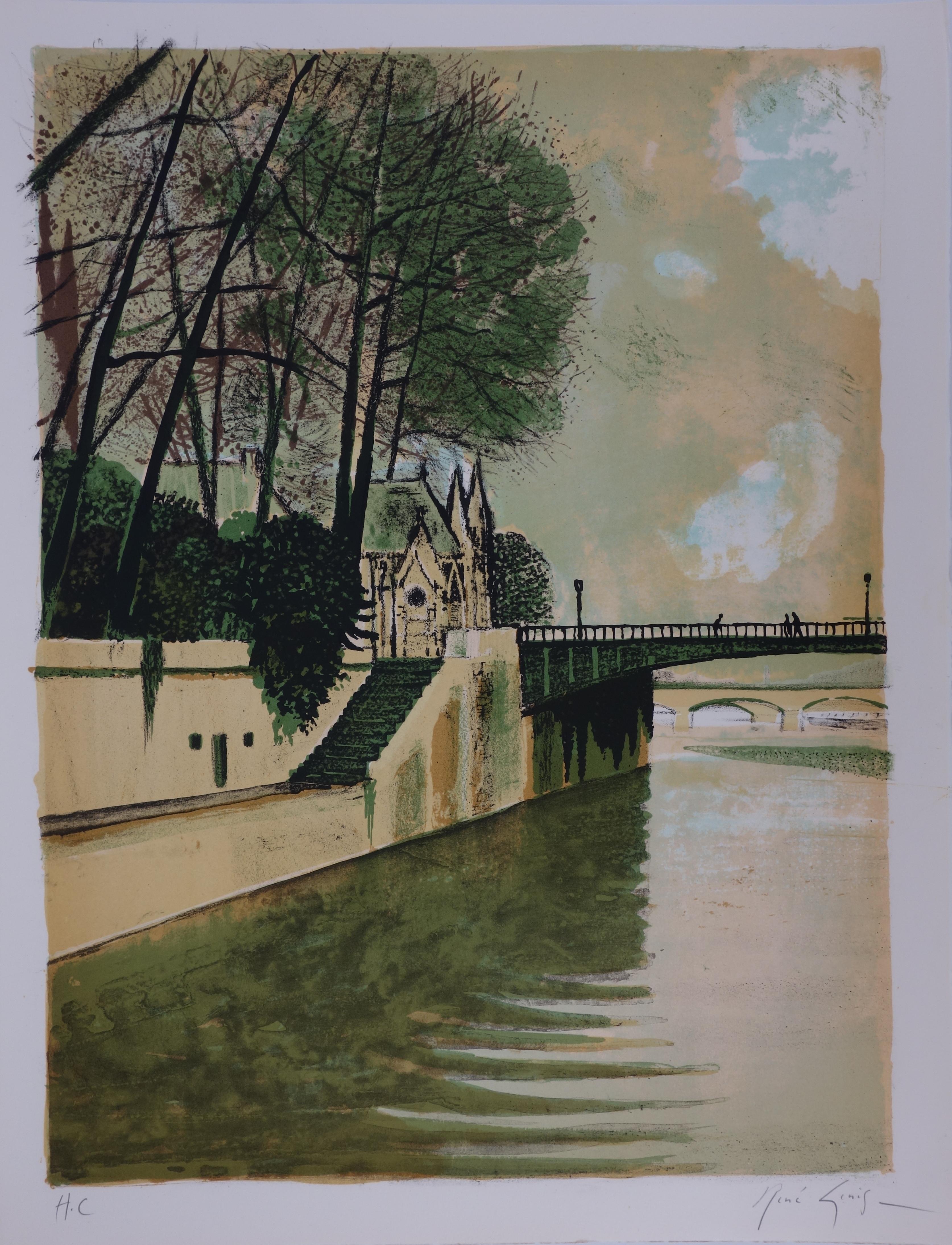 René Genis Figurative Print - Paris : Docks of the Seine and Notre Dame - Handsigned lithograph (Mourlot 1973)