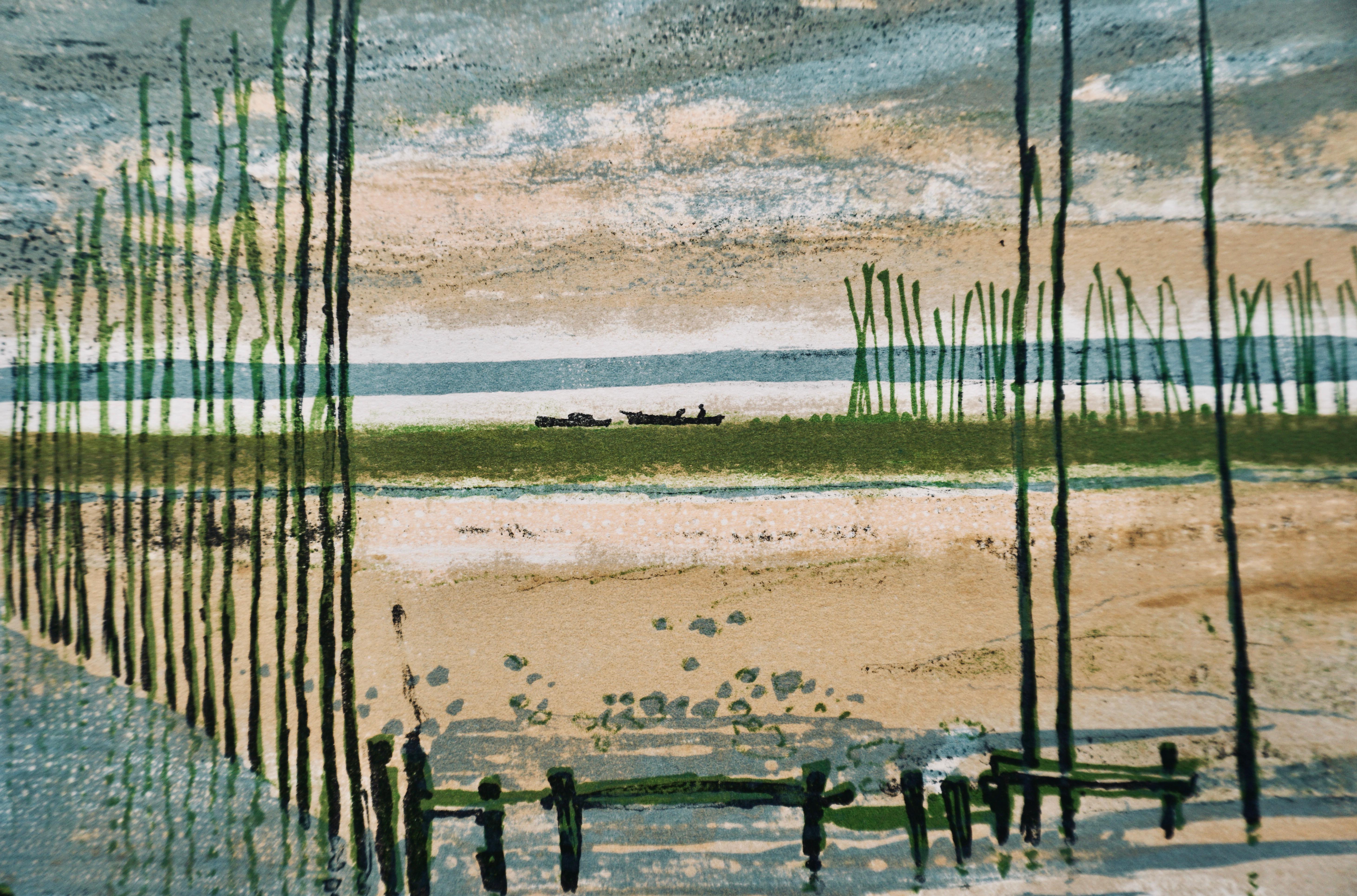 Fishing landscape scene - Post-War Print by René Genis