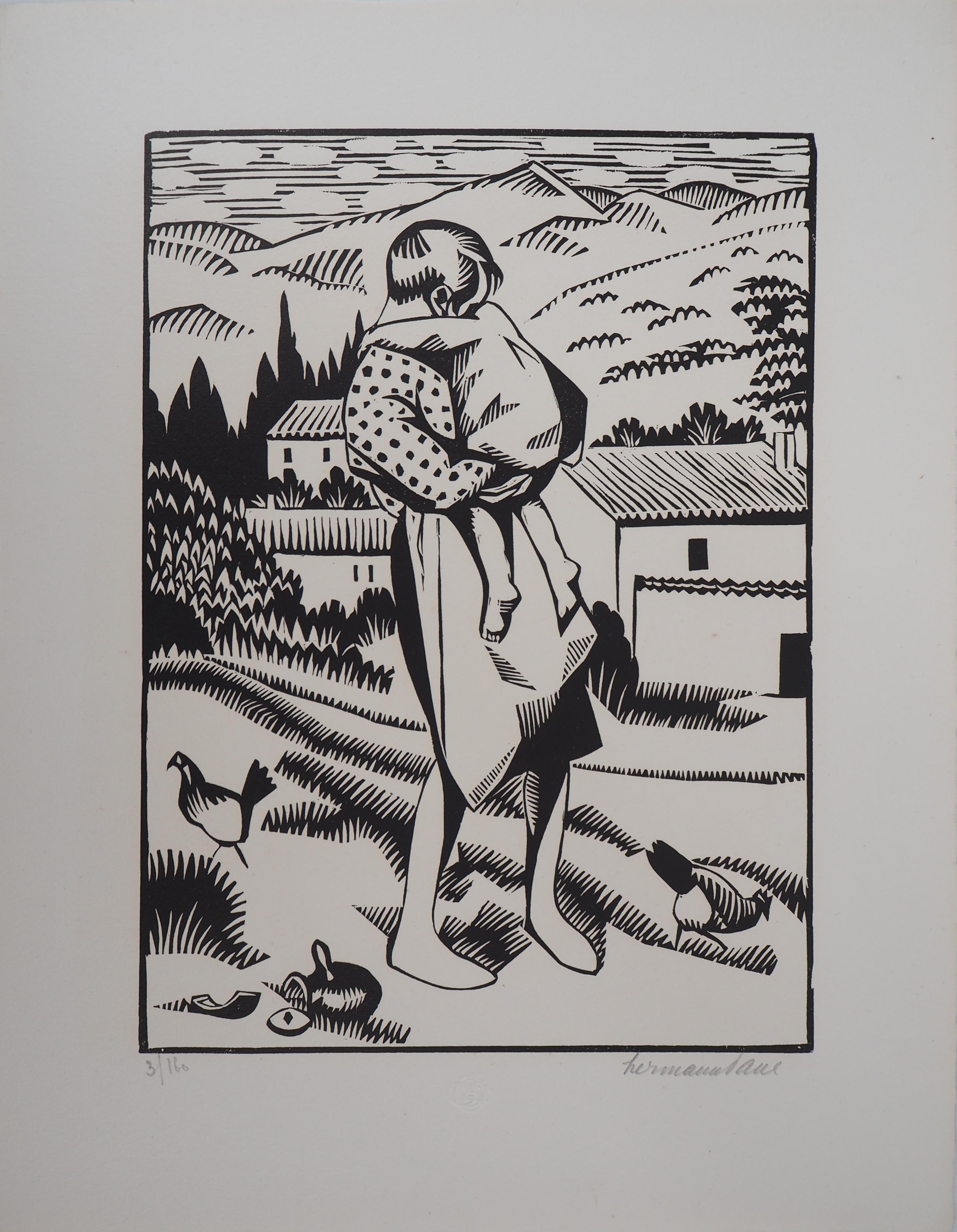 Maternity: Hug After a Mistake – Original-Holzschnitt, handsigniert und nummeriert – Print von René Georges Hermann-Paul