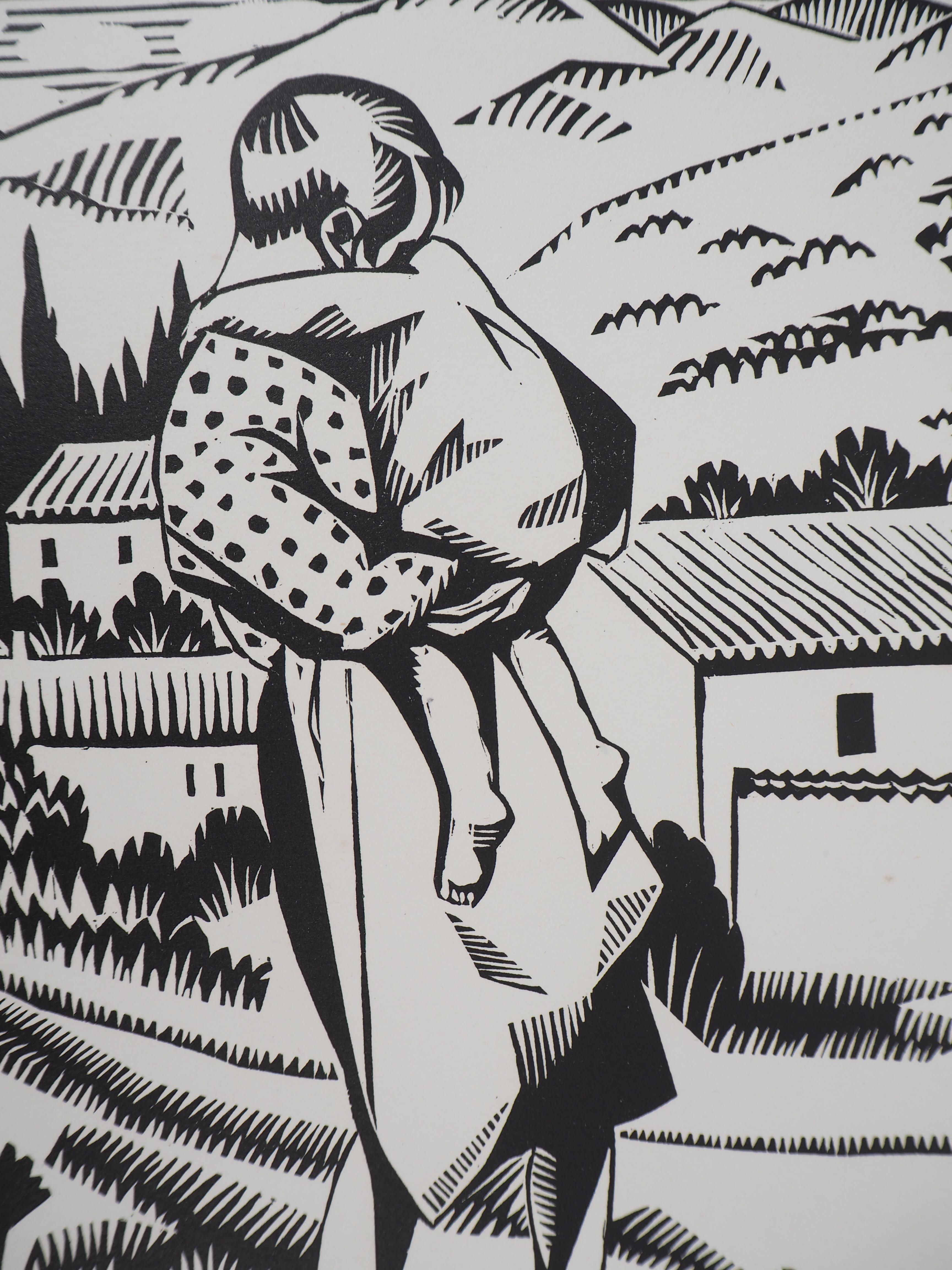 Maternity: Hug After a Mistake – Original-Holzschnitt, handsigniert und nummeriert (Moderne), Print, von René Georges Hermann-Paul