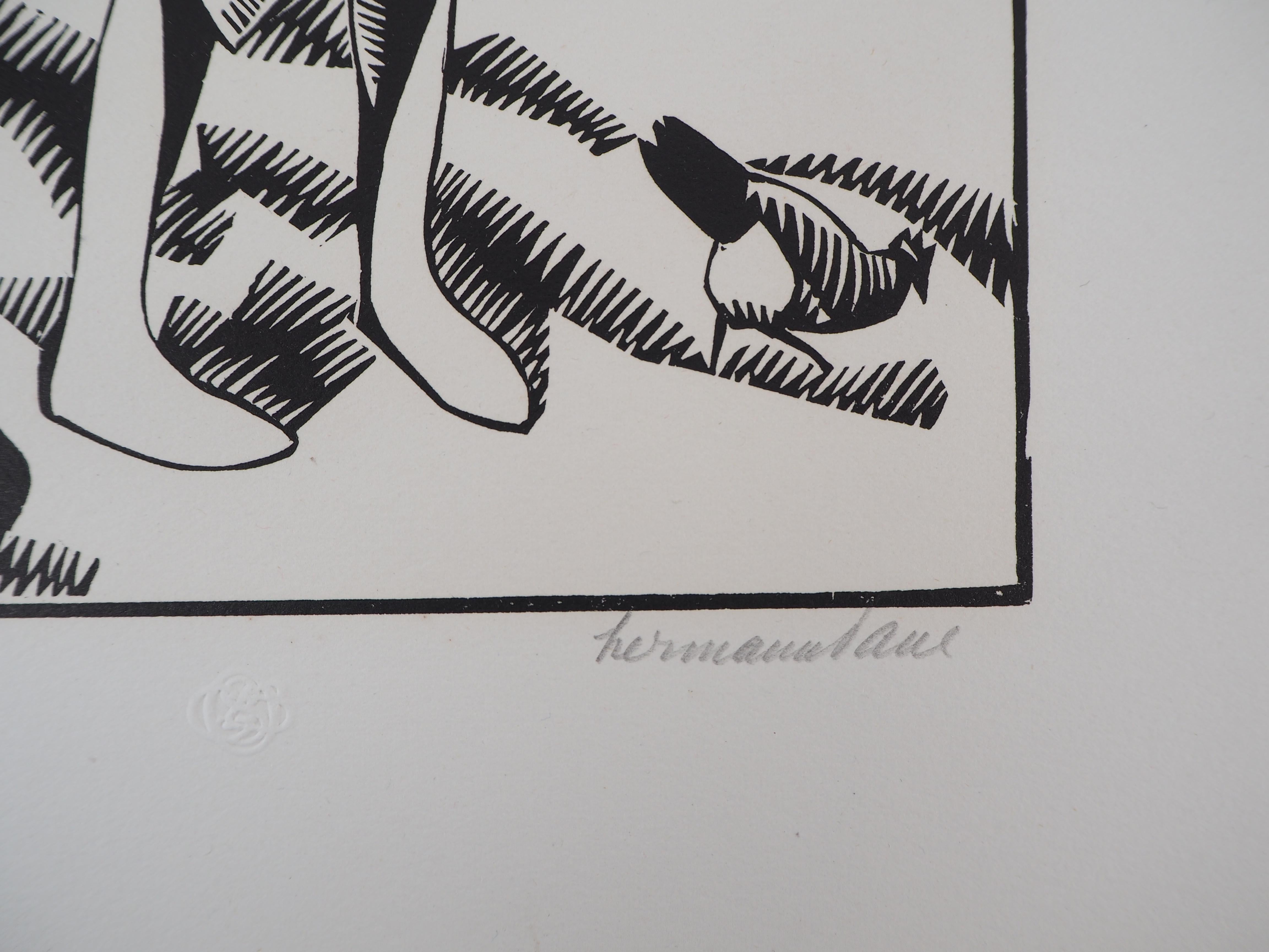 Maternity: Hug After a Mistake – Original-Holzschnitt, handsigniert und nummeriert (Grau), Landscape Print, von René Georges Hermann-Paul