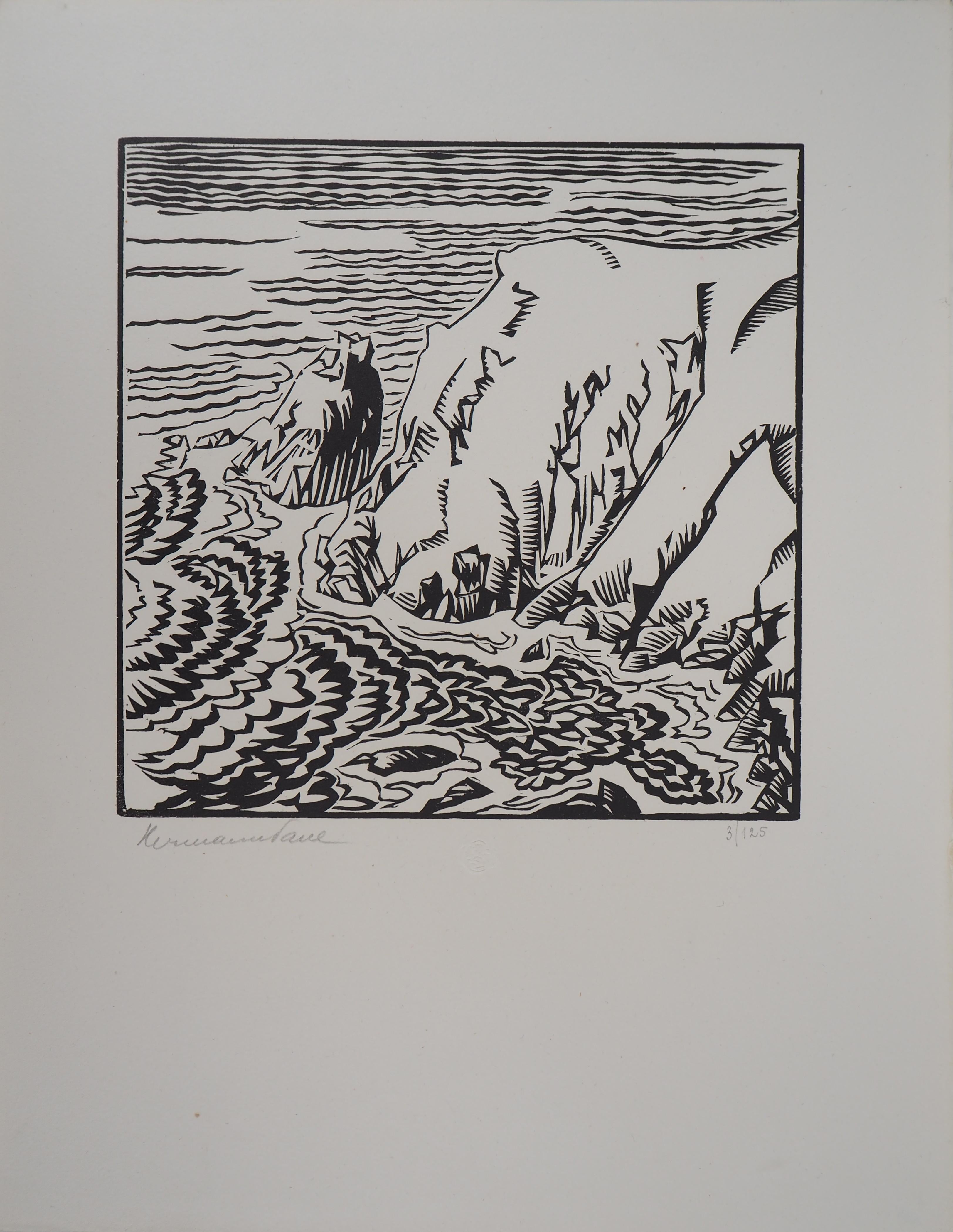 Sea and Cliffs in Guernsey - Original wooodcut, Handsigned & Numbered - Print by René Georges Hermann-Paul