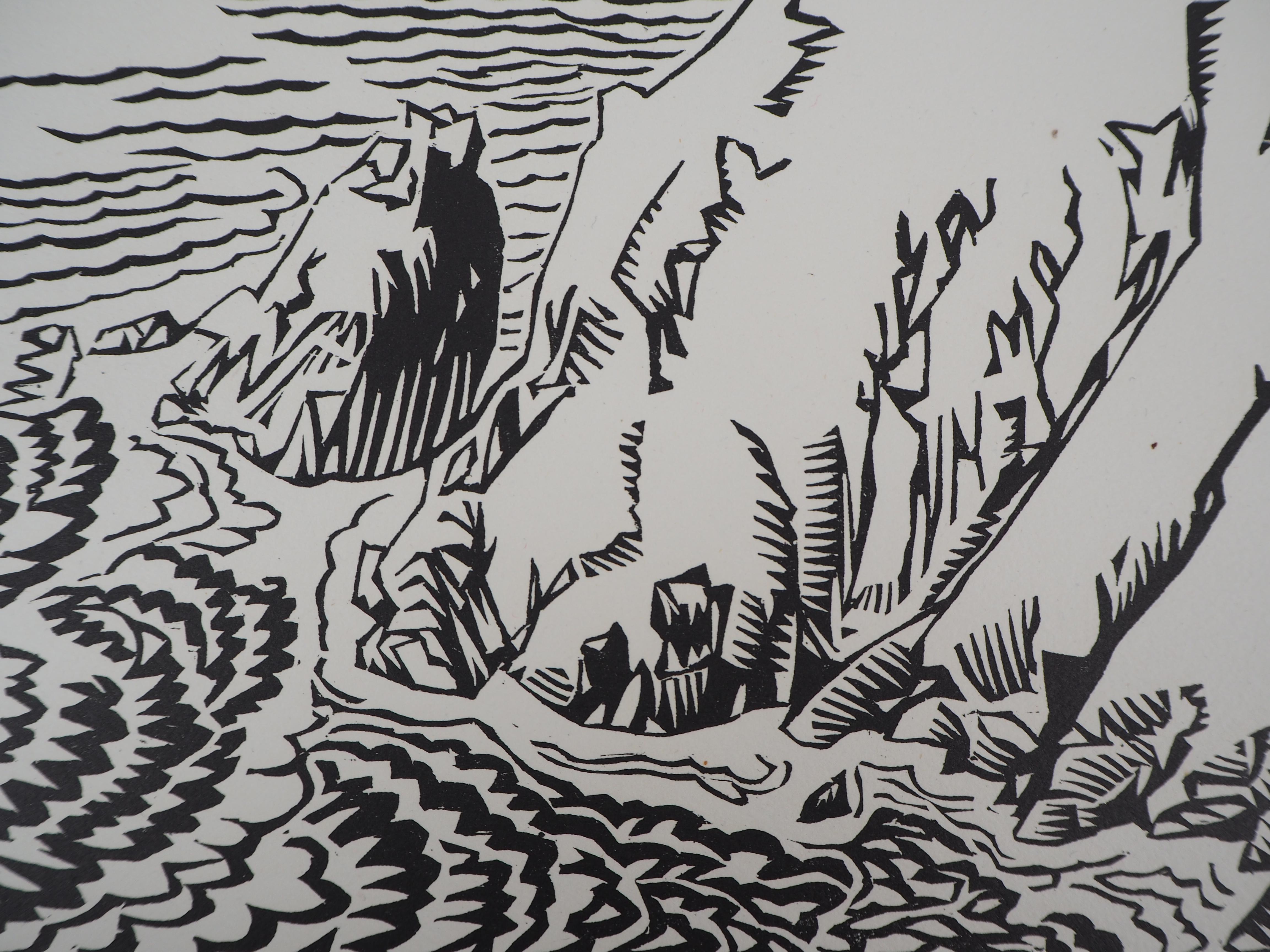 Sea and Cliffs in Guernsey - Original wooodcut, Handsigned & Numbered - Modern Print by René Georges Hermann-Paul