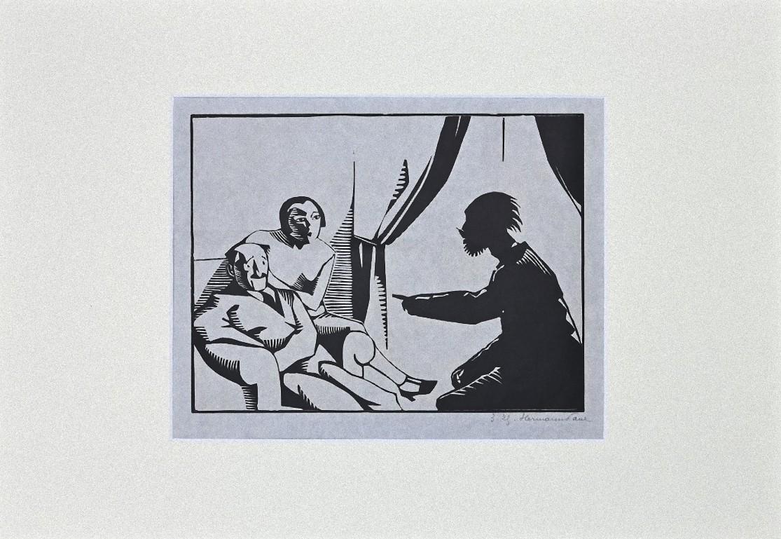 René Georges Hermann-Paul Figurative Print - The Visit - Original Woodcut Print on Paper - 1925