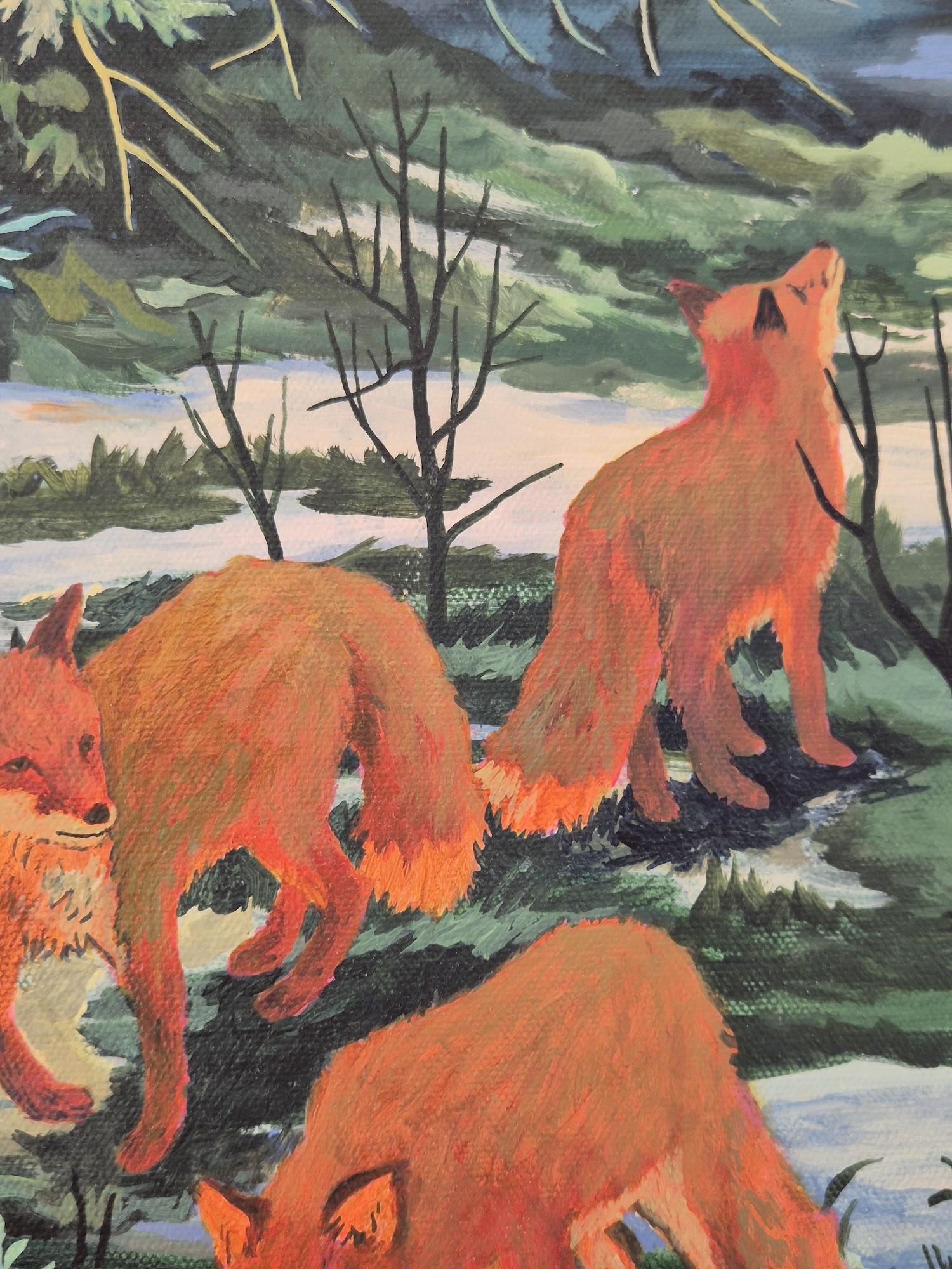 Bleeding Sky de Rene Gonzalez - peinture, paysage forestier, nuit, renard, animal en vente 9