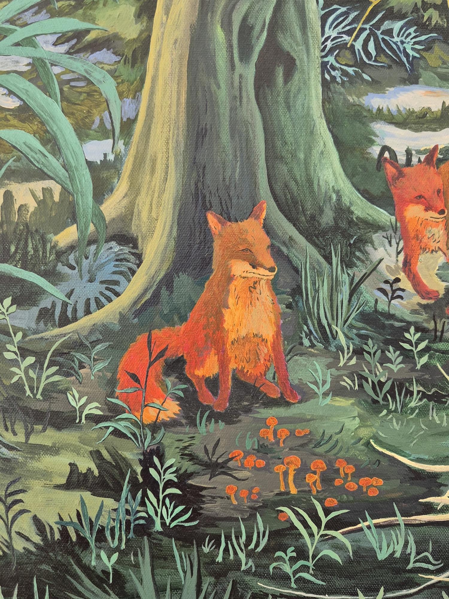 Bleeding Sky de Rene Gonzalez - peinture, paysage forestier, nuit, renard, animal en vente 10